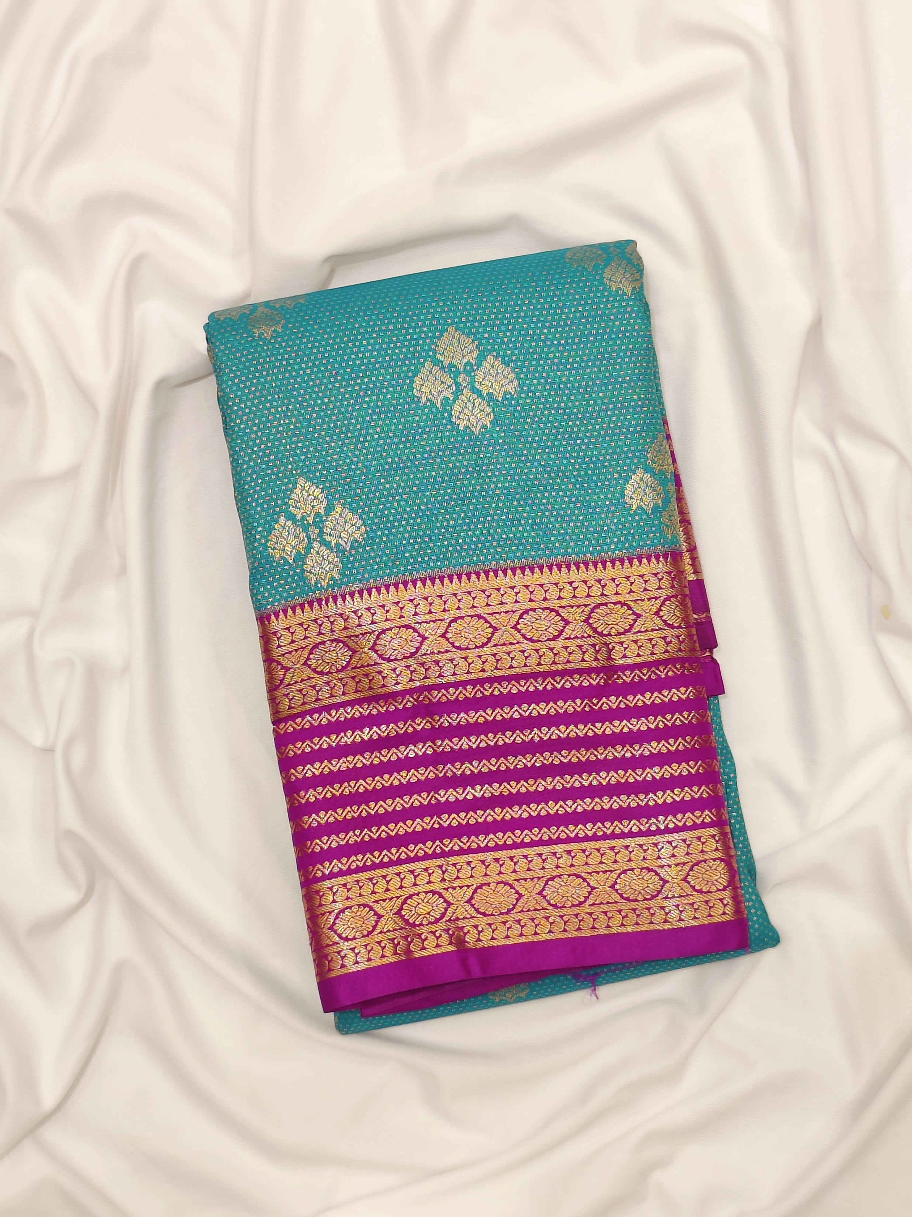 Rama Green Semi Kanchi Silk Saree – Purple Border – Shop Online