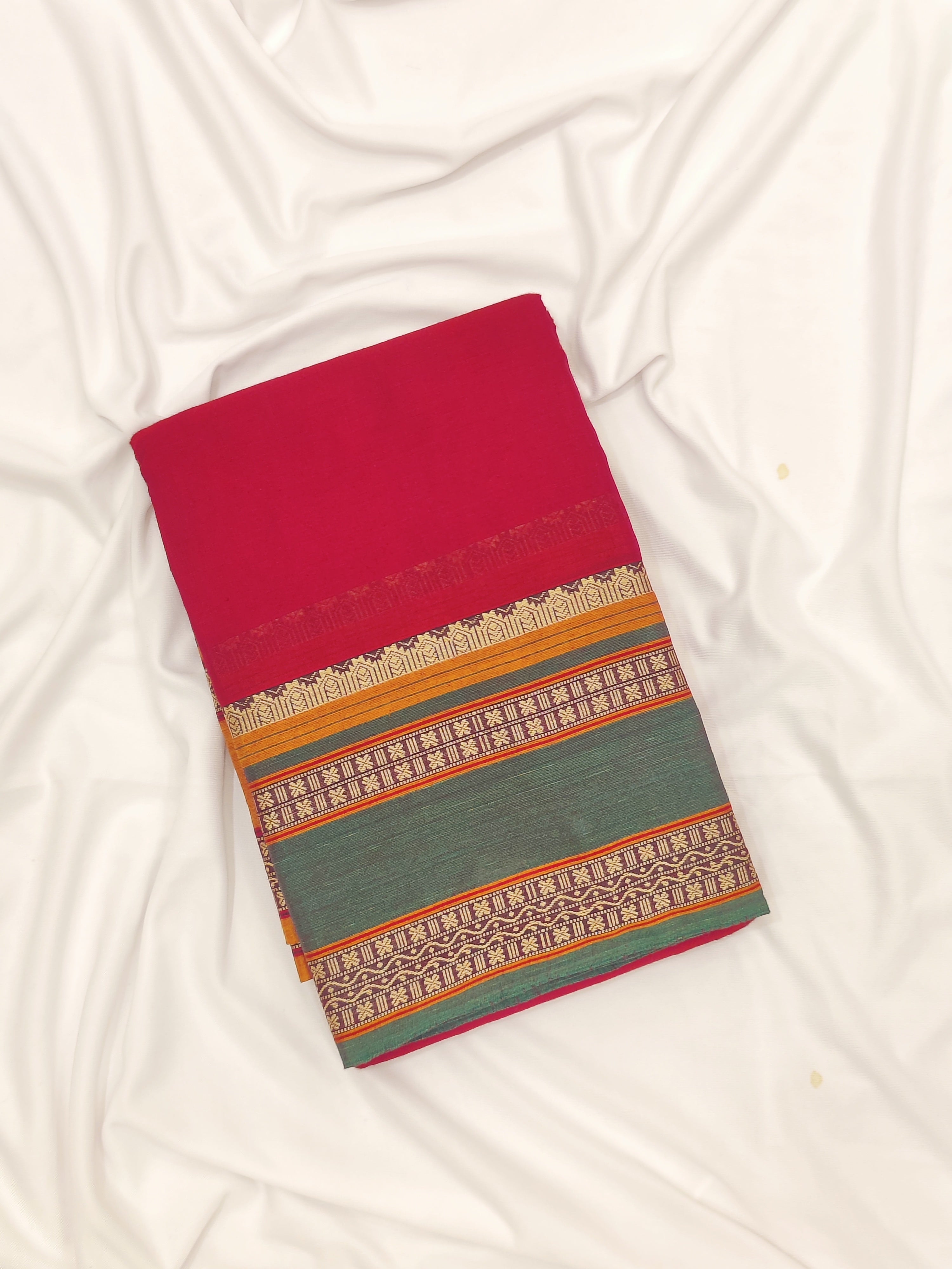 Red Cotton Saree – Green Bentex Border – Shop Online