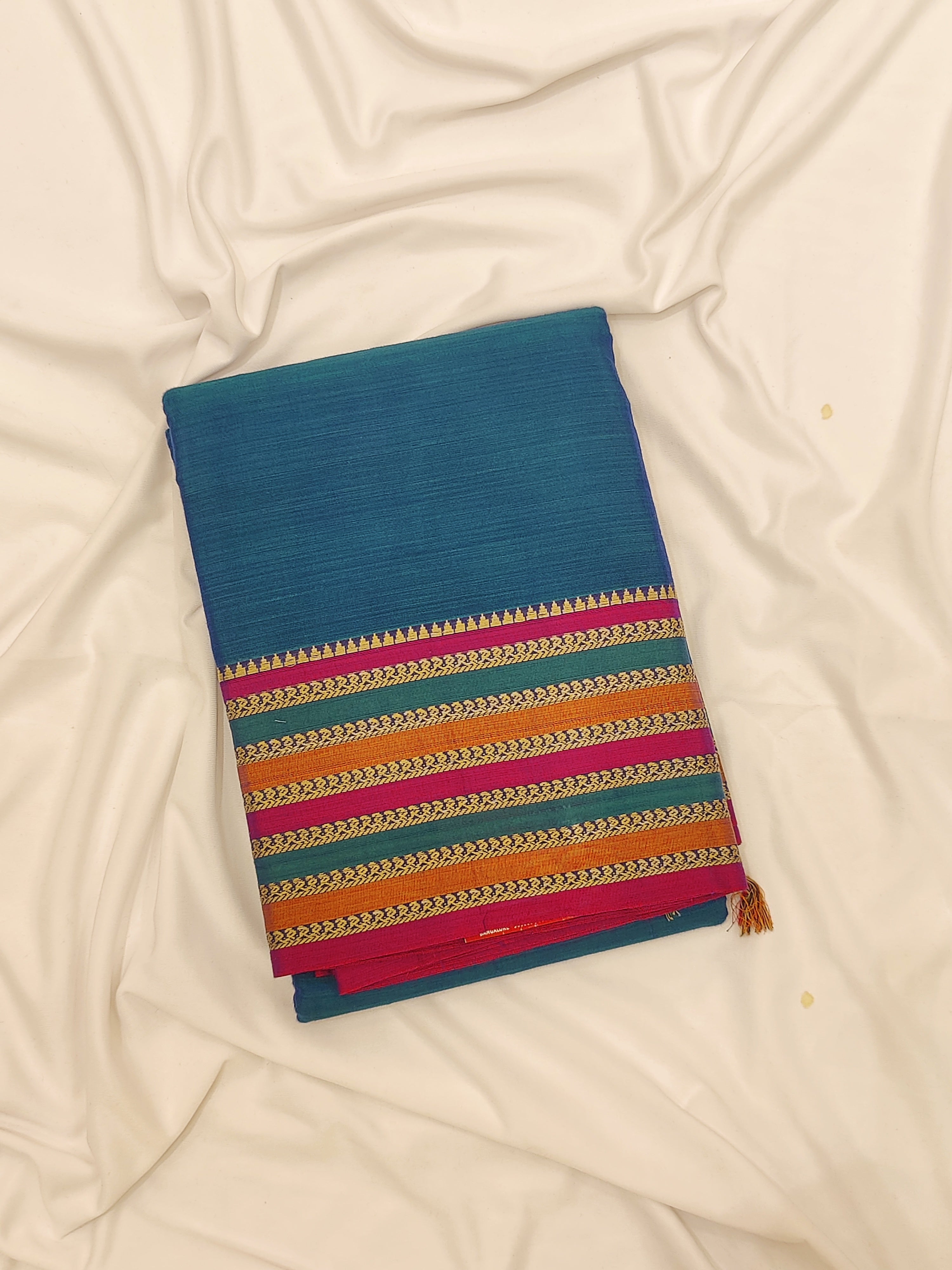 Peacock Blue Cotton Saree – Fancy Border – Shop Online