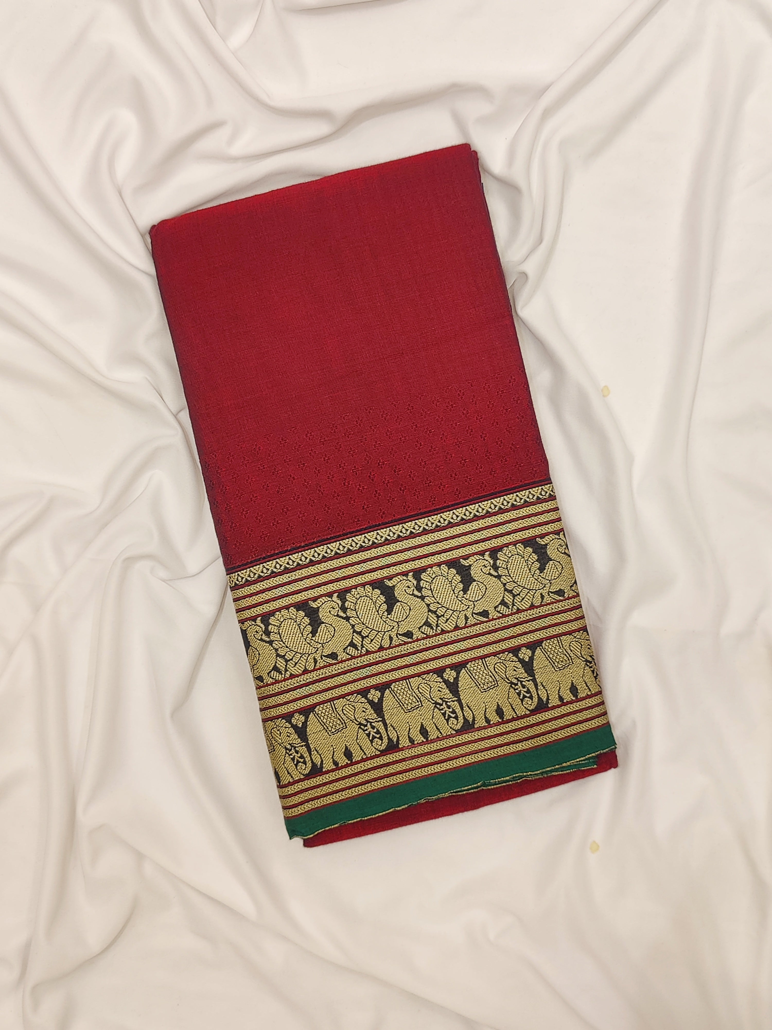 Red Cotton Saree – Peacock & Elephant Border – Shop Online