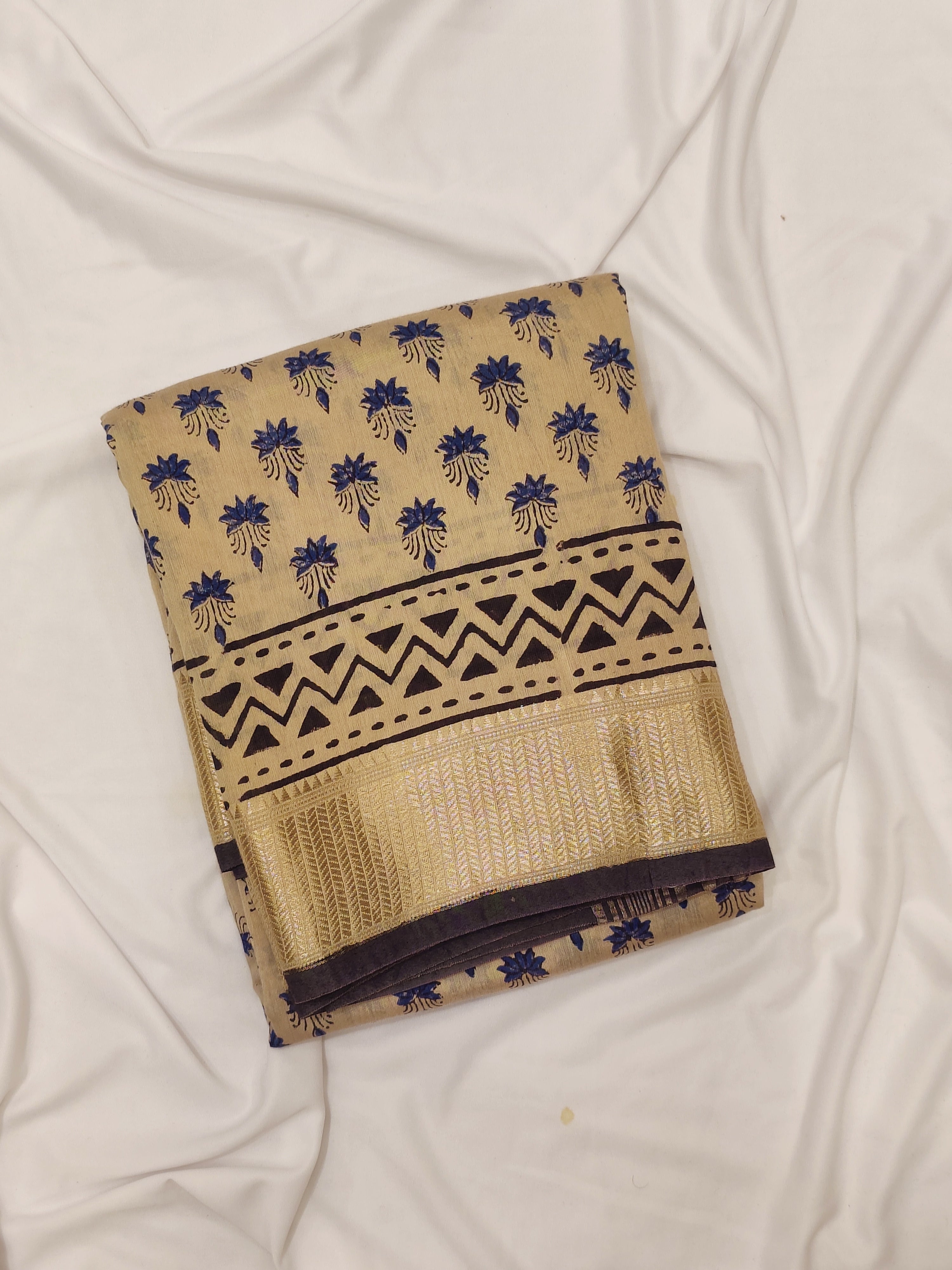 Cream Saree – Blue Printed Design – Shop Online