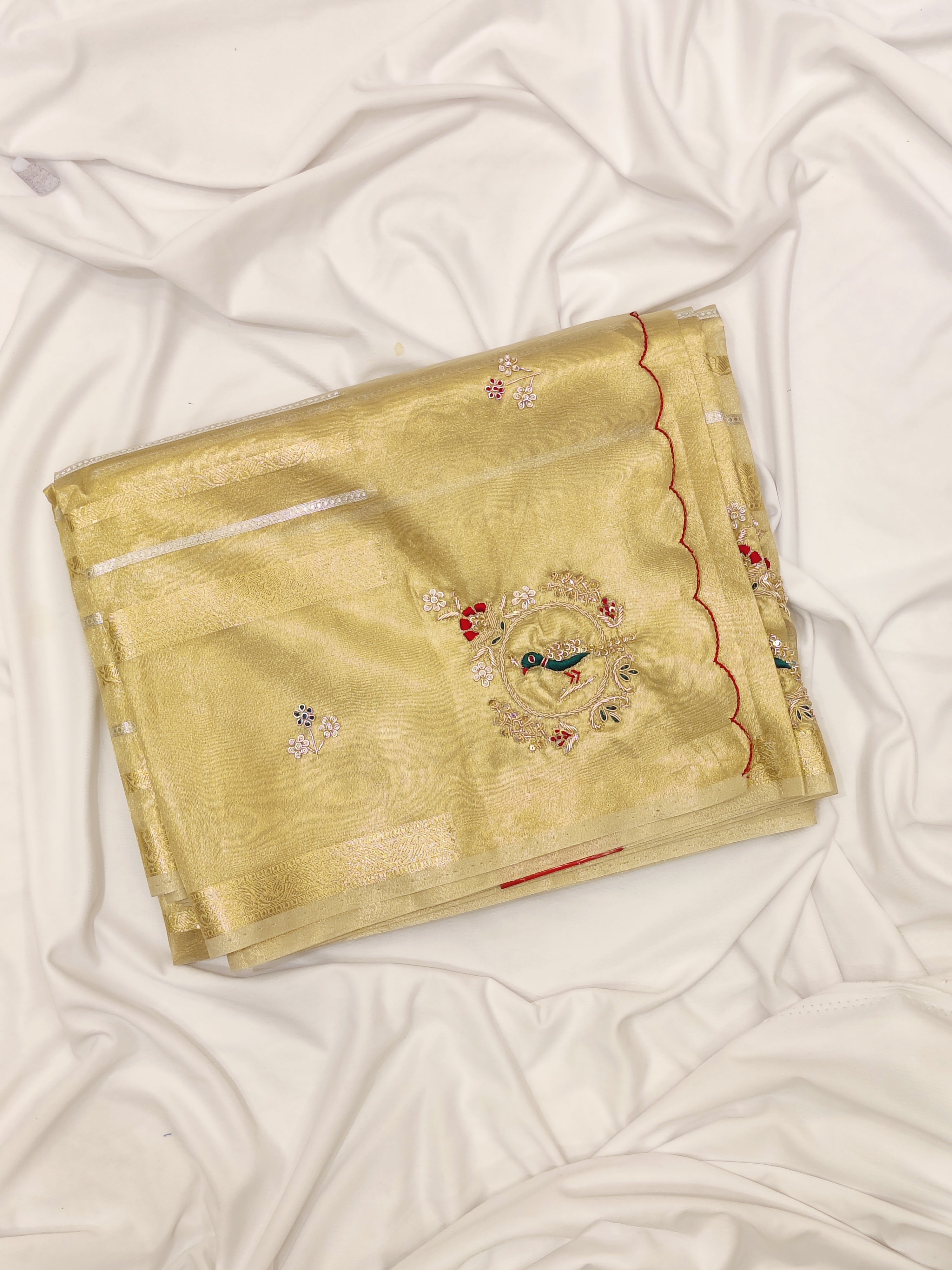 Bridal Gold Tissue Saree Red & Green – Beaded Embroidery – Premium Wedding Wear
