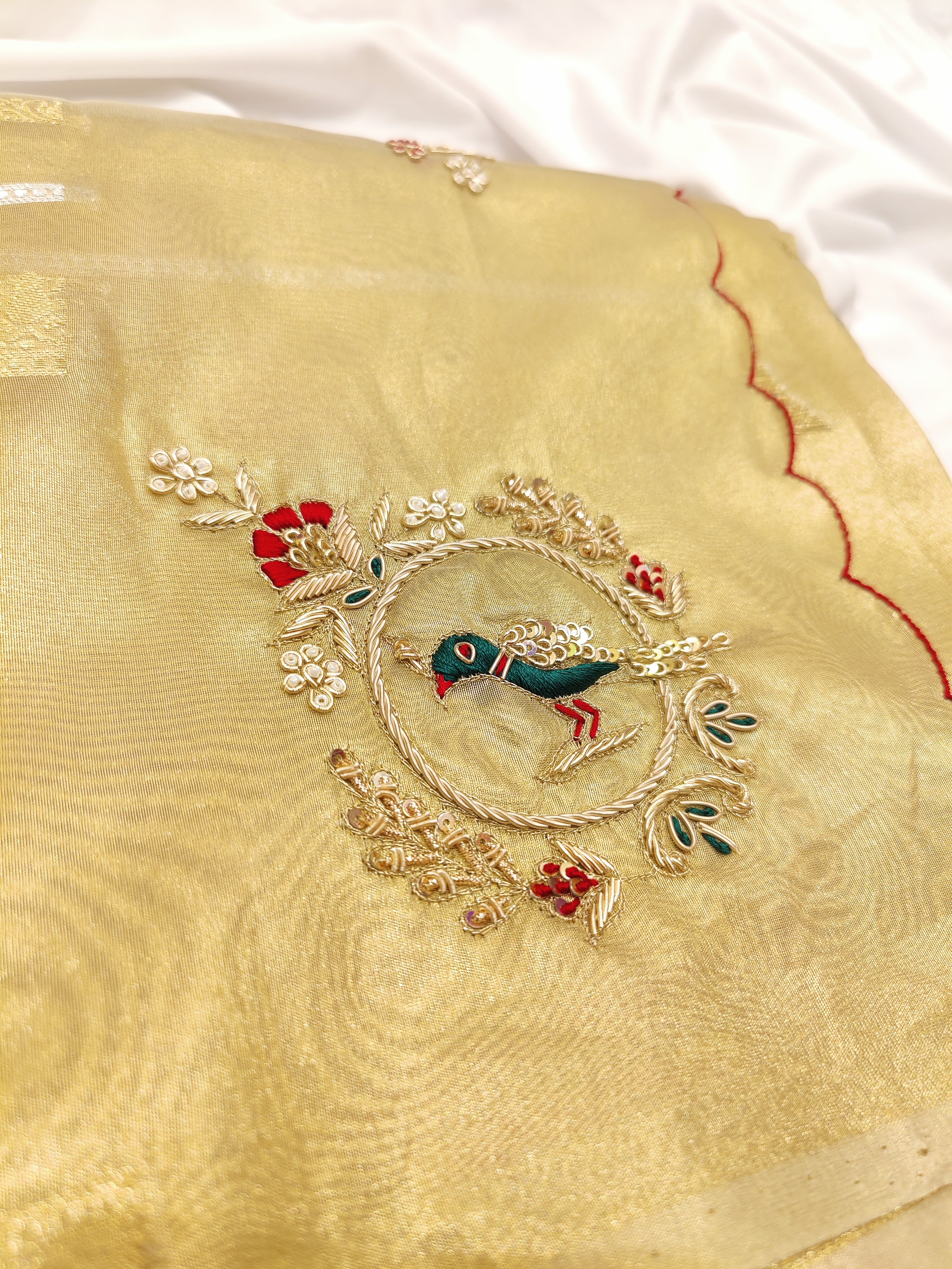 Bridal Gold Tissue Saree Red & Green – Beaded Embroidery – Premium Wedding Wear