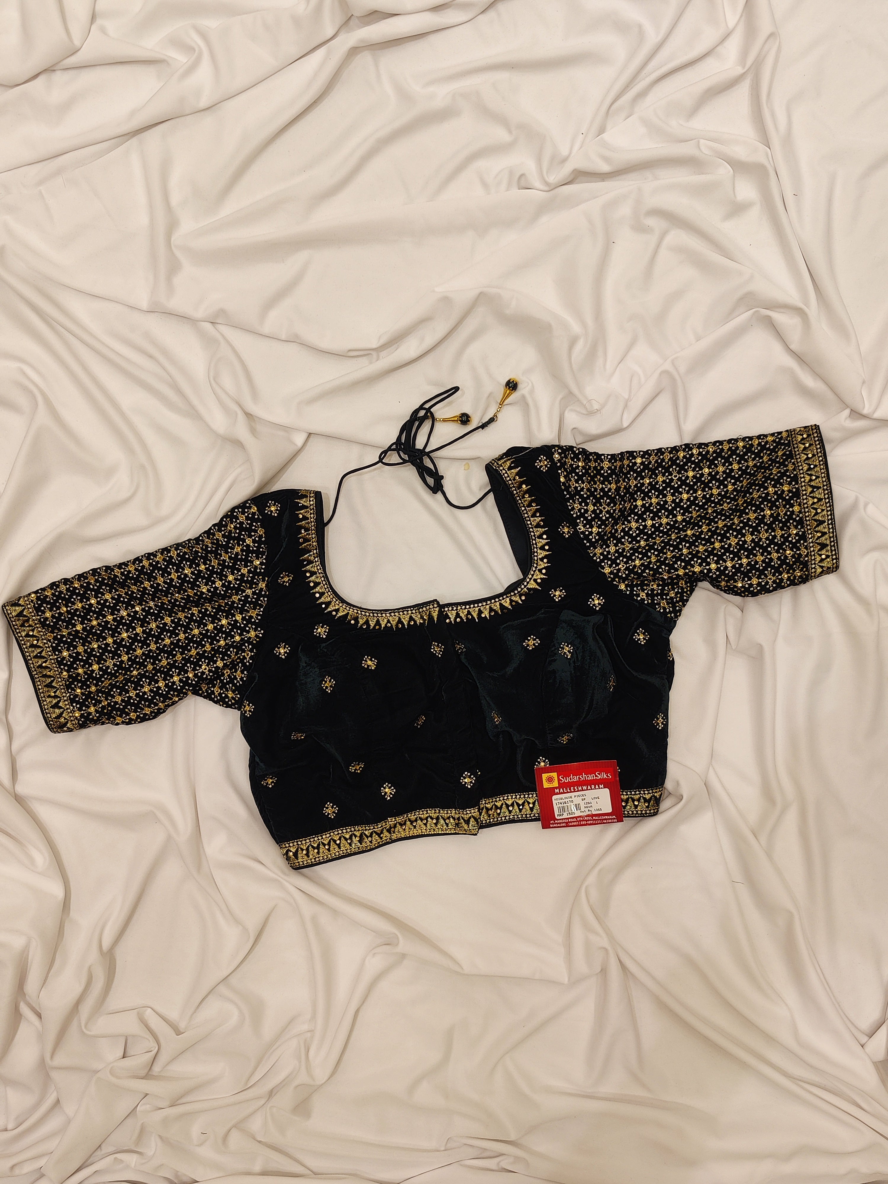 Bottle Green Velvet Full Sleeve Blouse – Stone Work – Shop Online