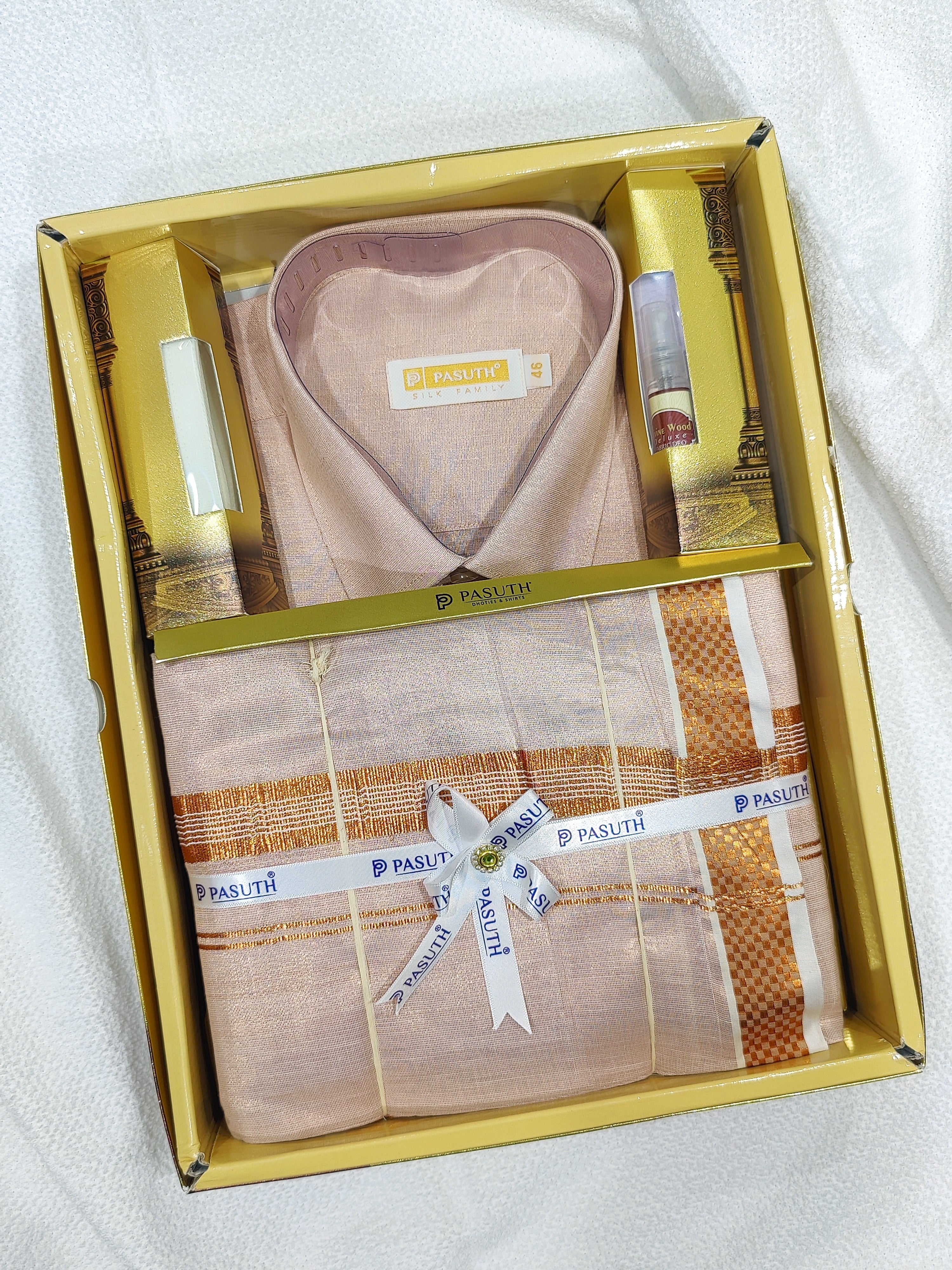 Rose Gold Dhoti and Shirt Combo Set: Complete Ethnic Elegance with Belt