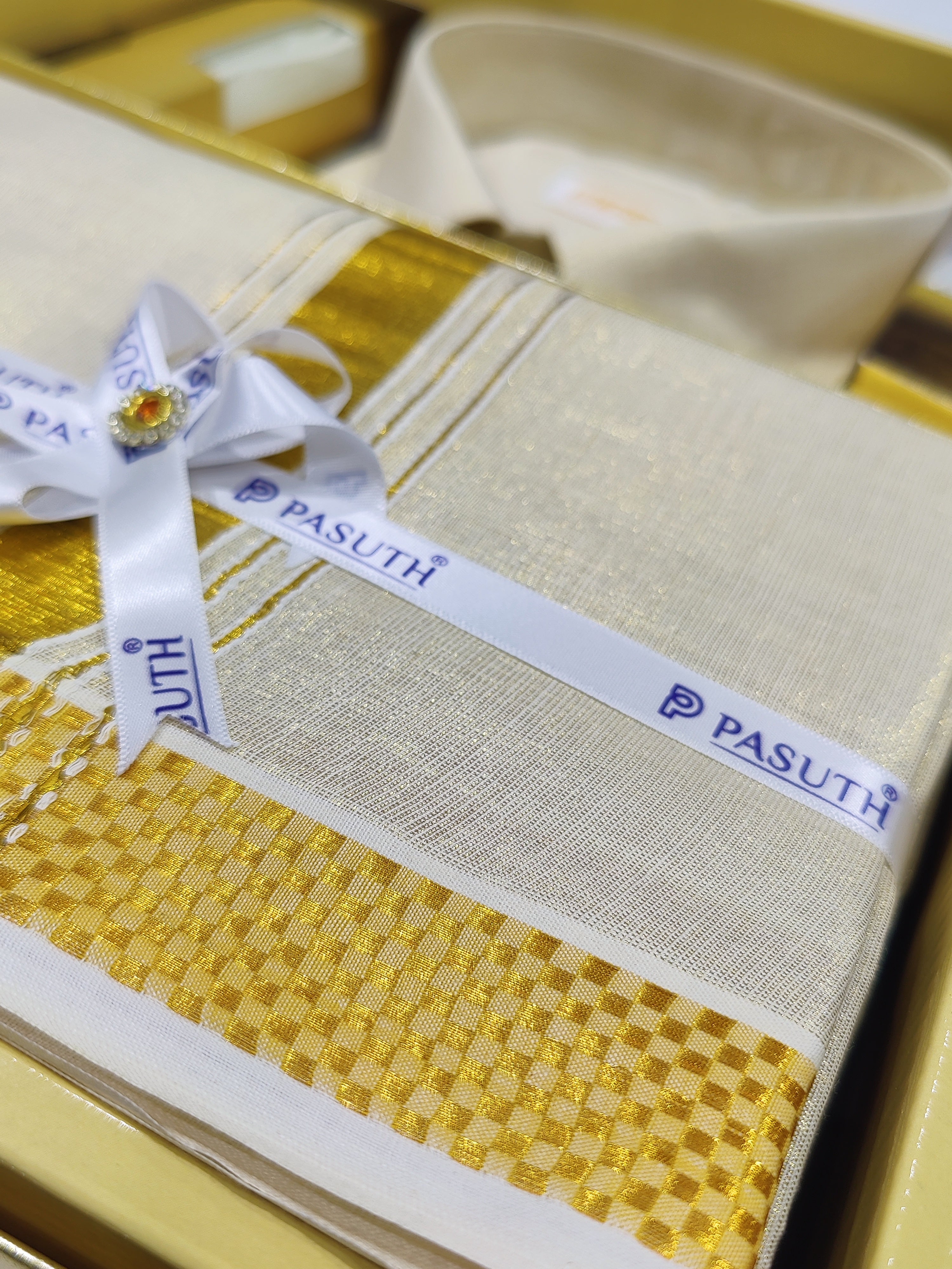 Gold Dhoti Set with Dhoti, Shirt, Belt & Perfume – Wedding Collection for Men