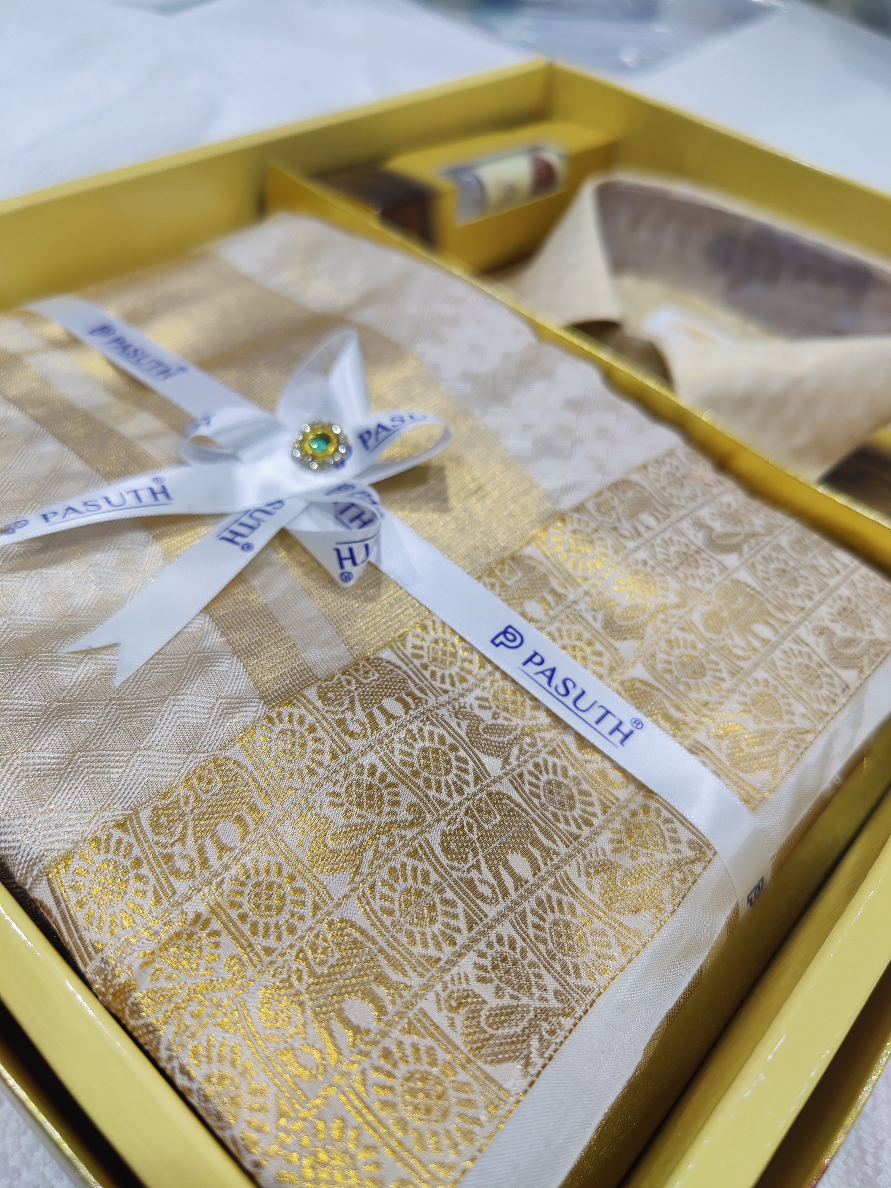 Gold Diamond Checks Dhoti Set with Dhoti, Shirt, Belt & Perfume – Wedding Collection for Men