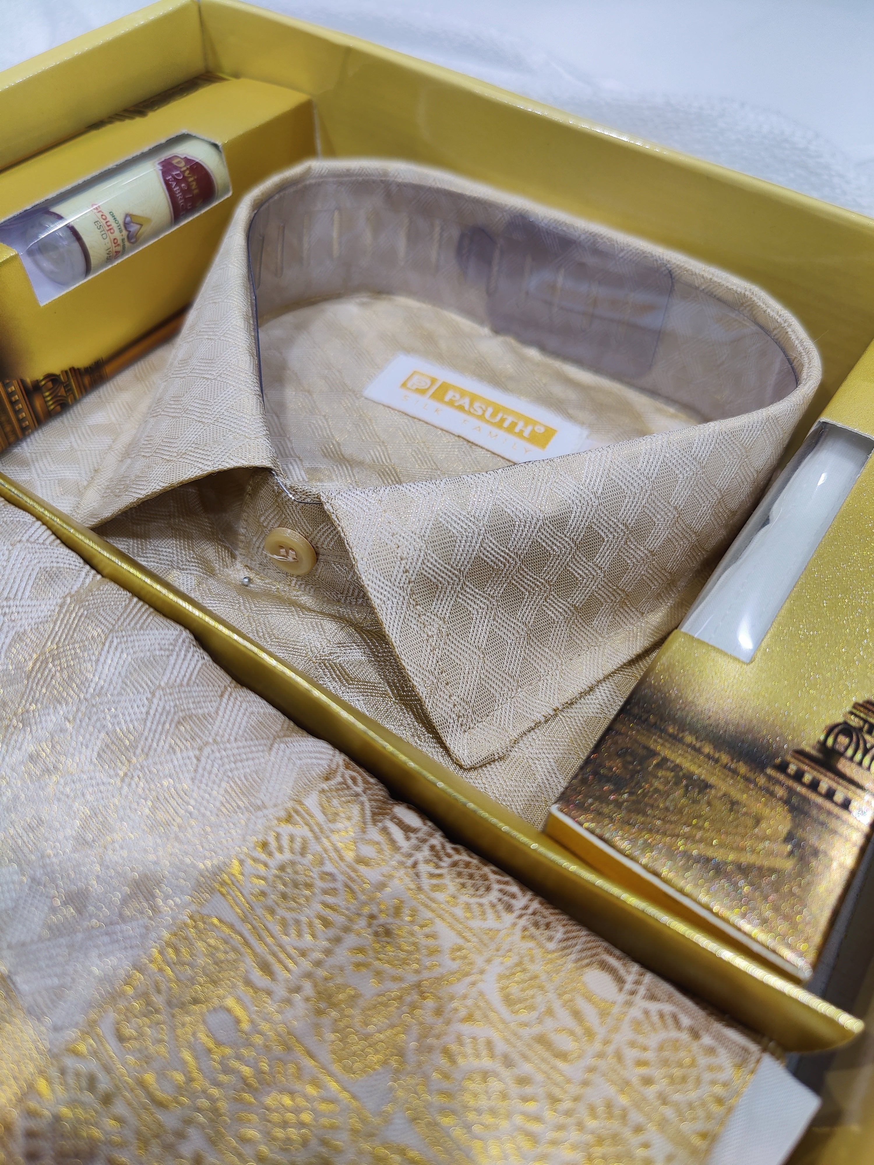 Gold Diamond Checks Dhoti Set with Dhoti, Shirt, Belt & Perfume – Wedding Collection for Men