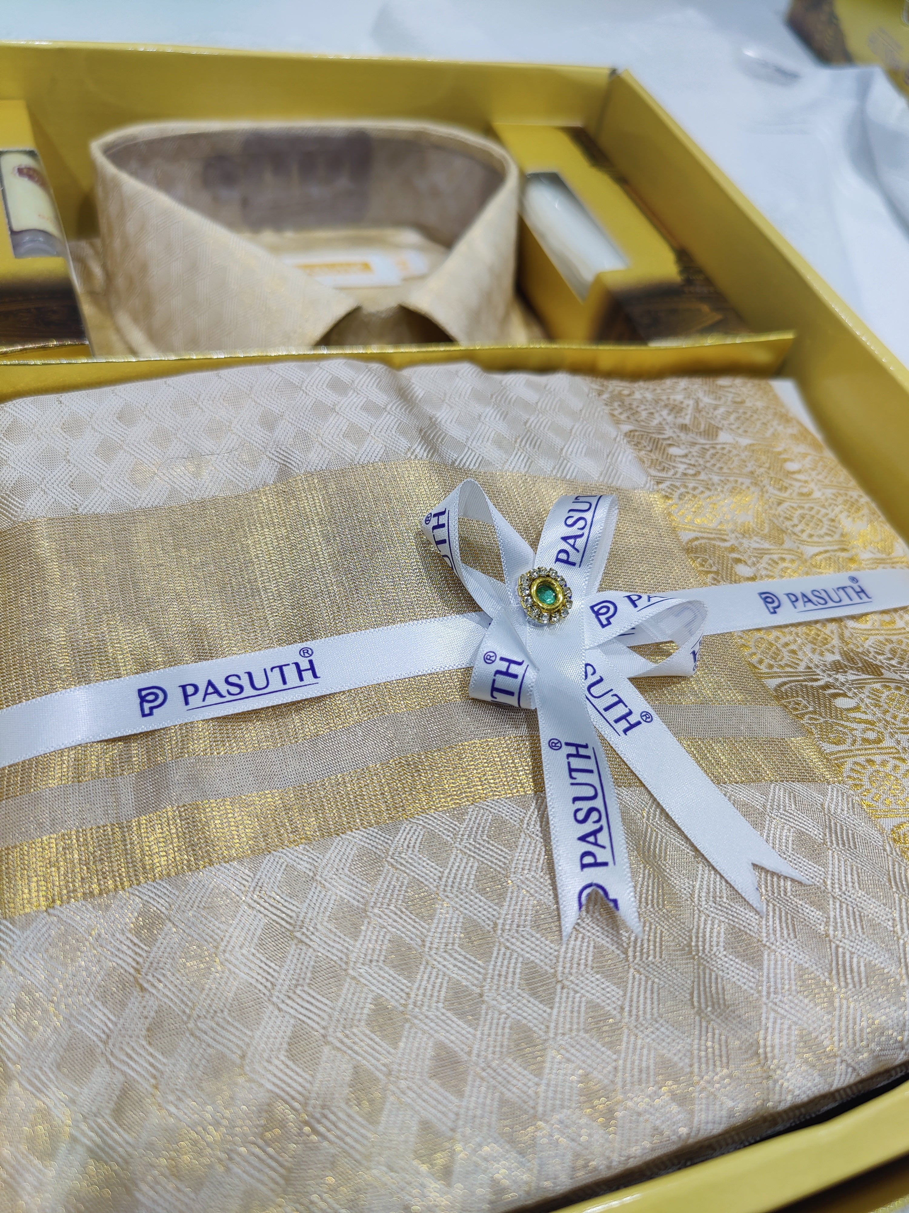 Gold Diamond Checks Dhoti Set with Dhoti, Shirt, Belt & Perfume – Wedding Collection for Men