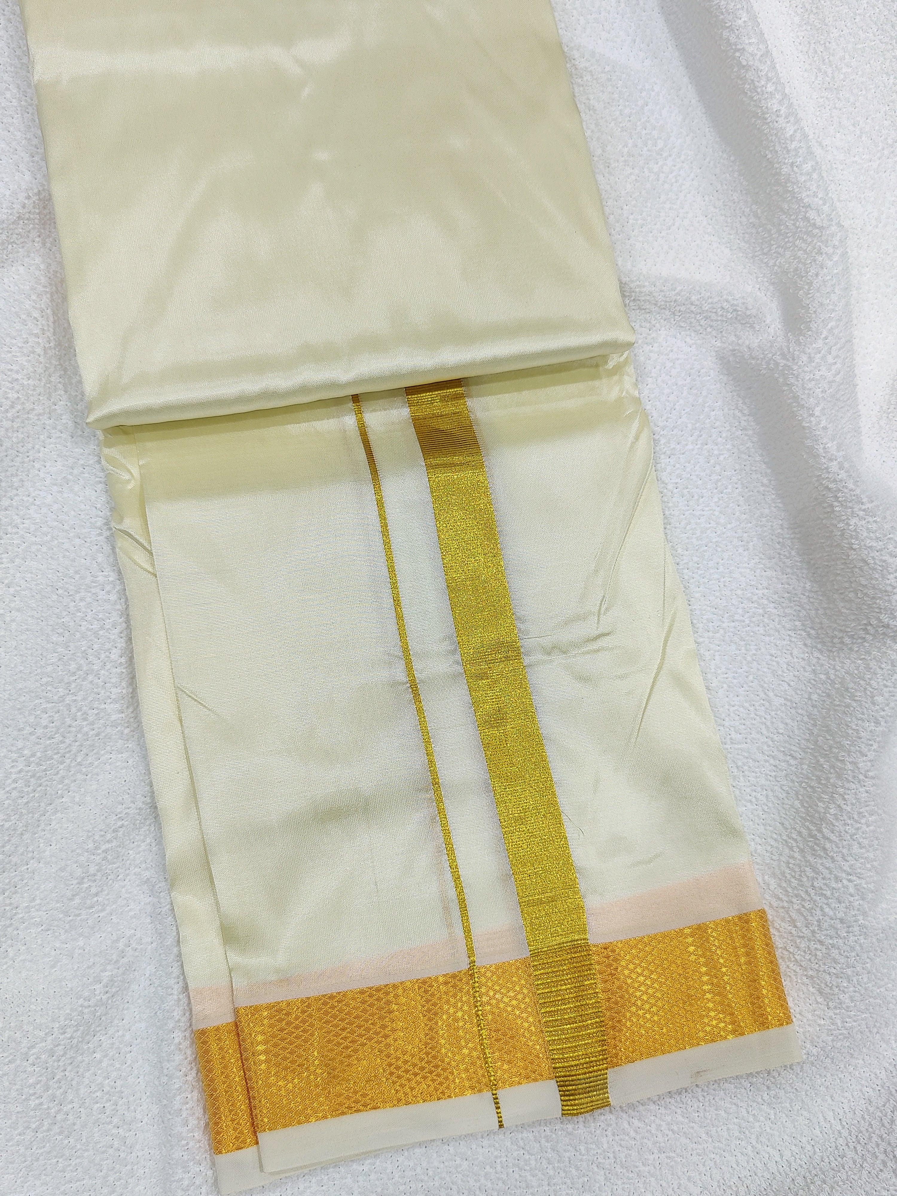 White Semi Silk Dhoti -Gold Zari Border - Shop Online