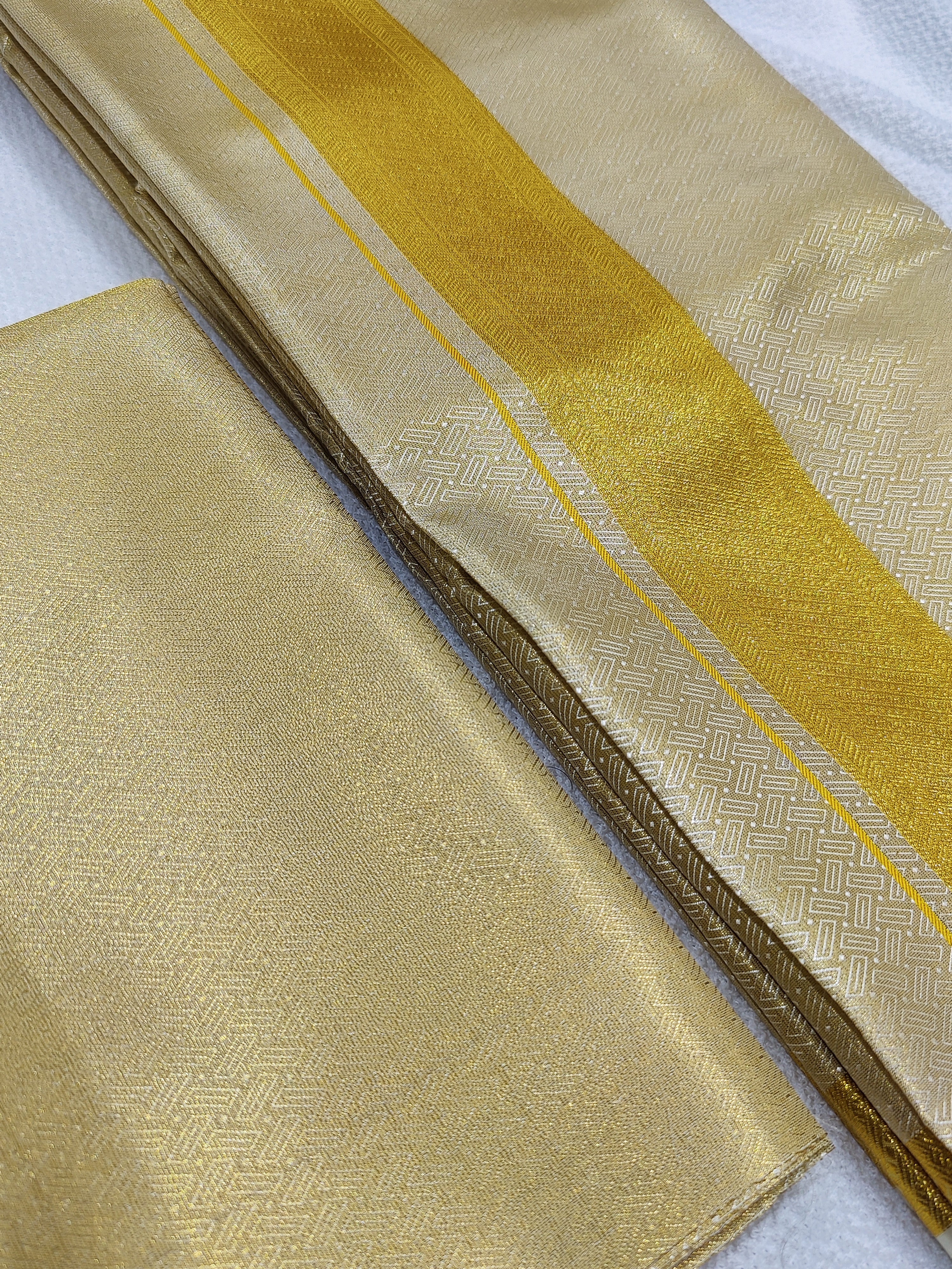 Pure Gold Kanjivaram Silk Dhoti & Shirt Piece -Gold Zari Border - Shop Online - Wedding