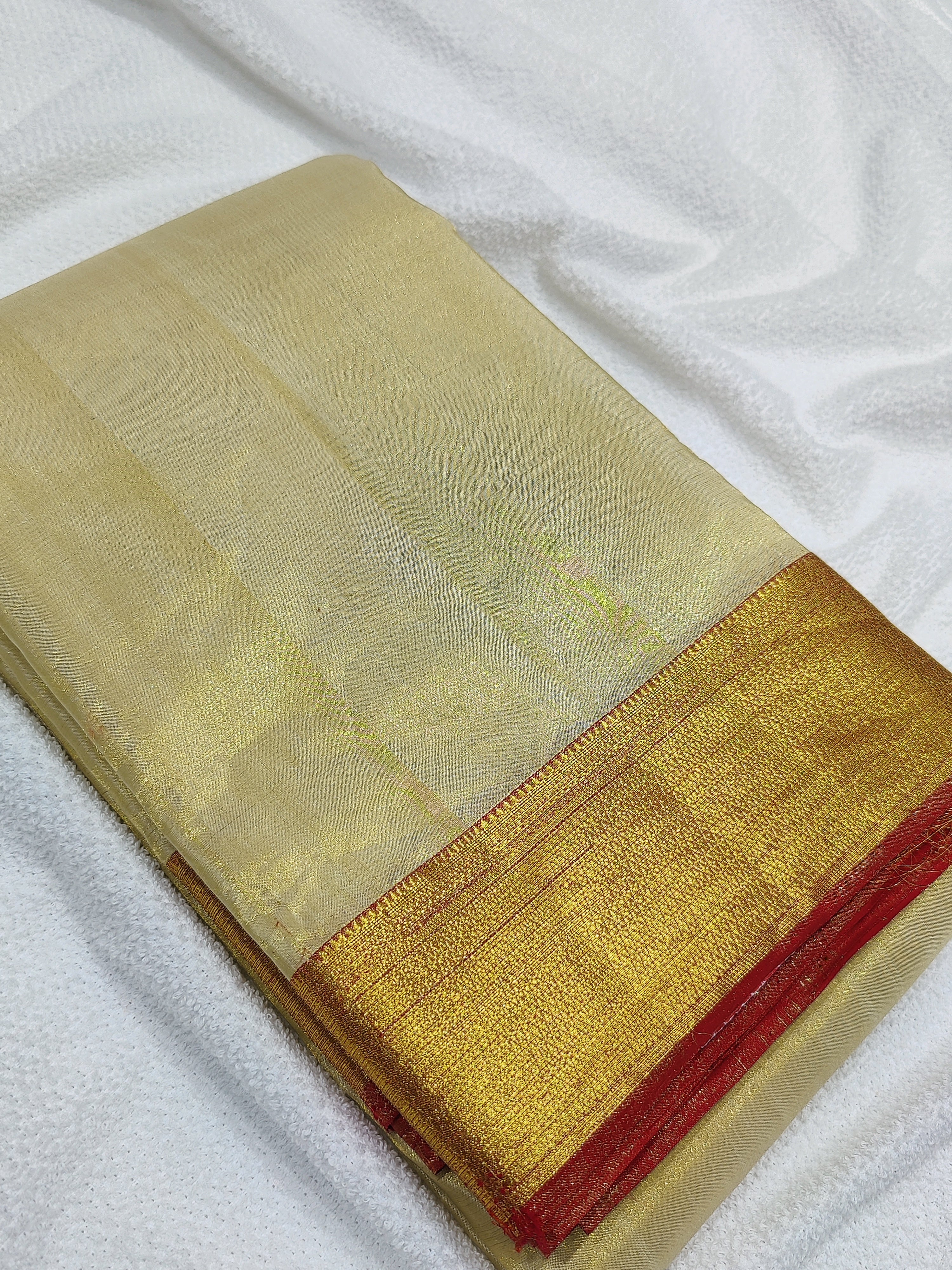 Gold Tissue Kanjivaram Silk Dhoti & Shirt Piece - Red Zari Border - Shop Online - Wedding Collectiion