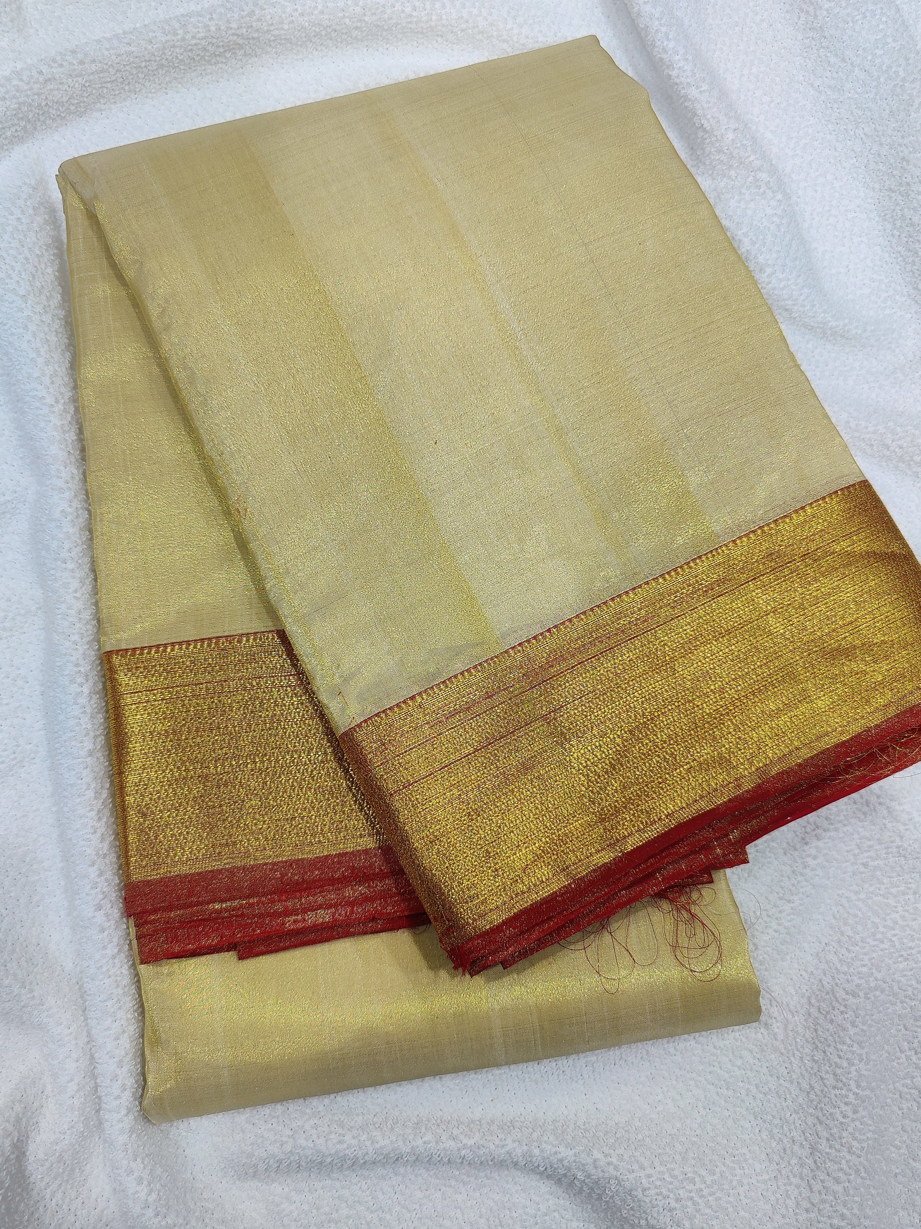 Gold Tissue Kanjivaram Silk Dhoti & Shirt Piece - Red Zari Border - Shop Online - Wedding Collectiion