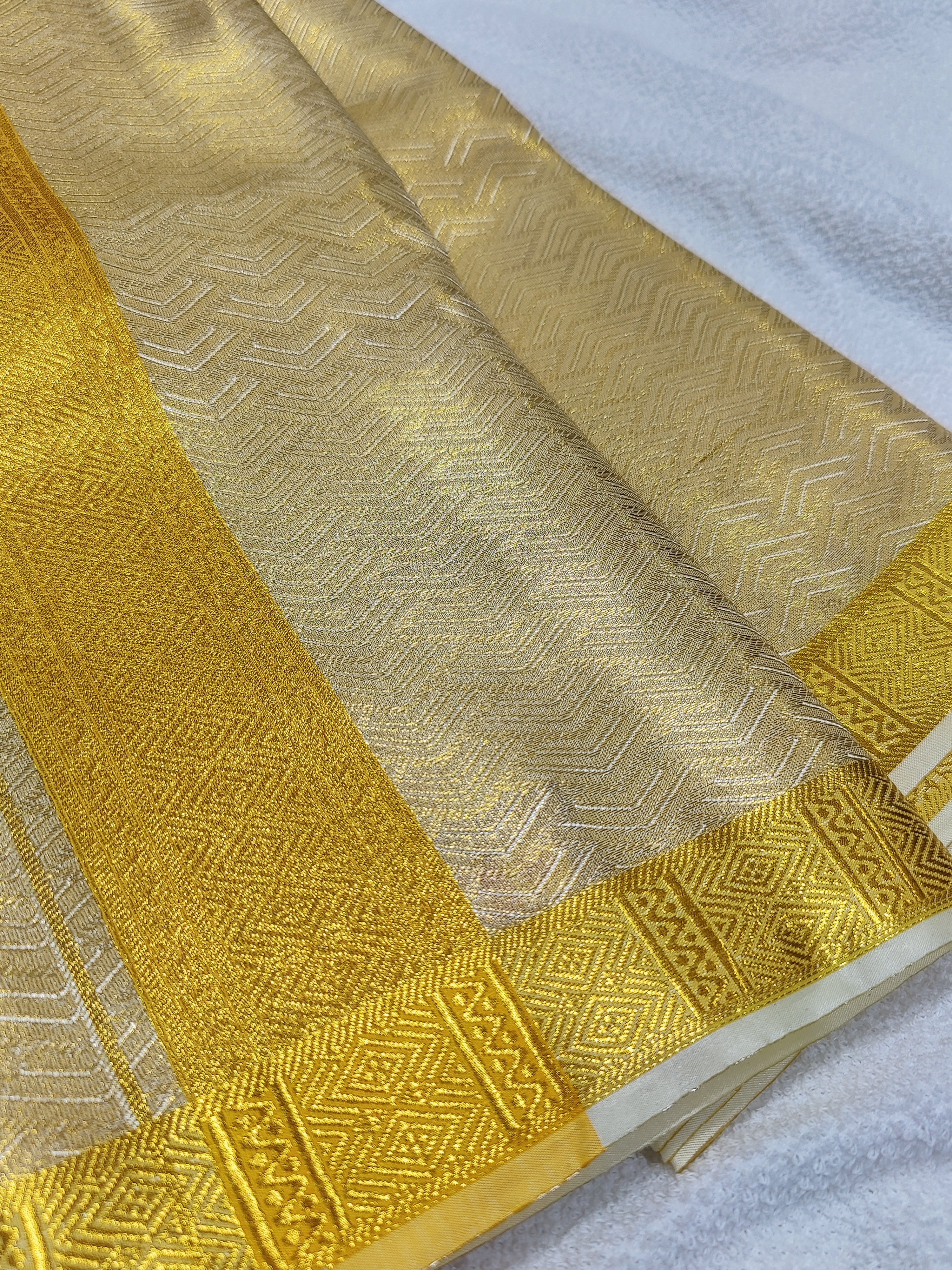 Art Silk Dhoti & Shirt Piece - Gold lines Zari Border - Shop Online - Budget Wedding Collectiion