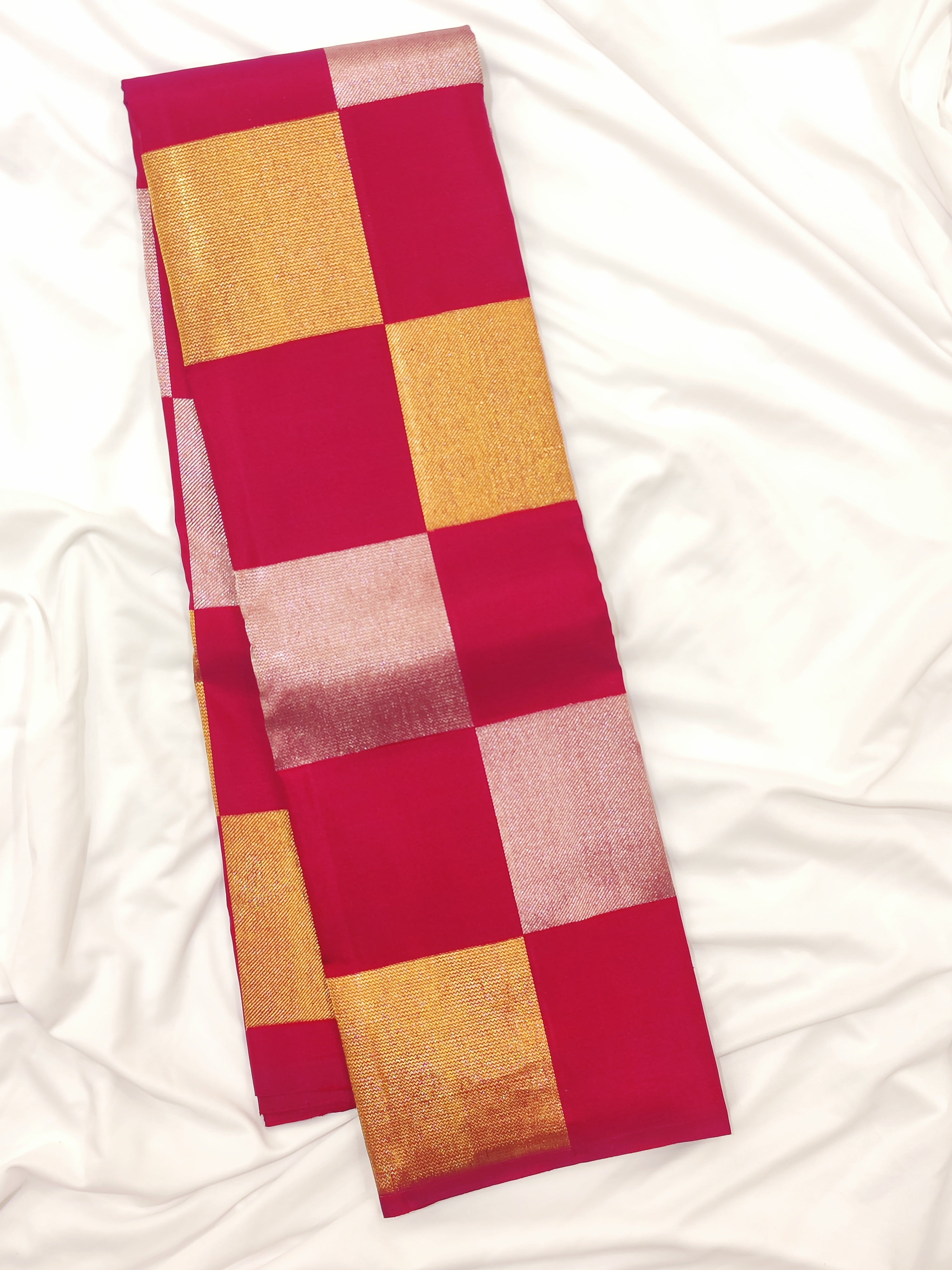 Dark Pink Kanjivaram Fancy Saree – Checks with Gold & Silver Work – Shop Online