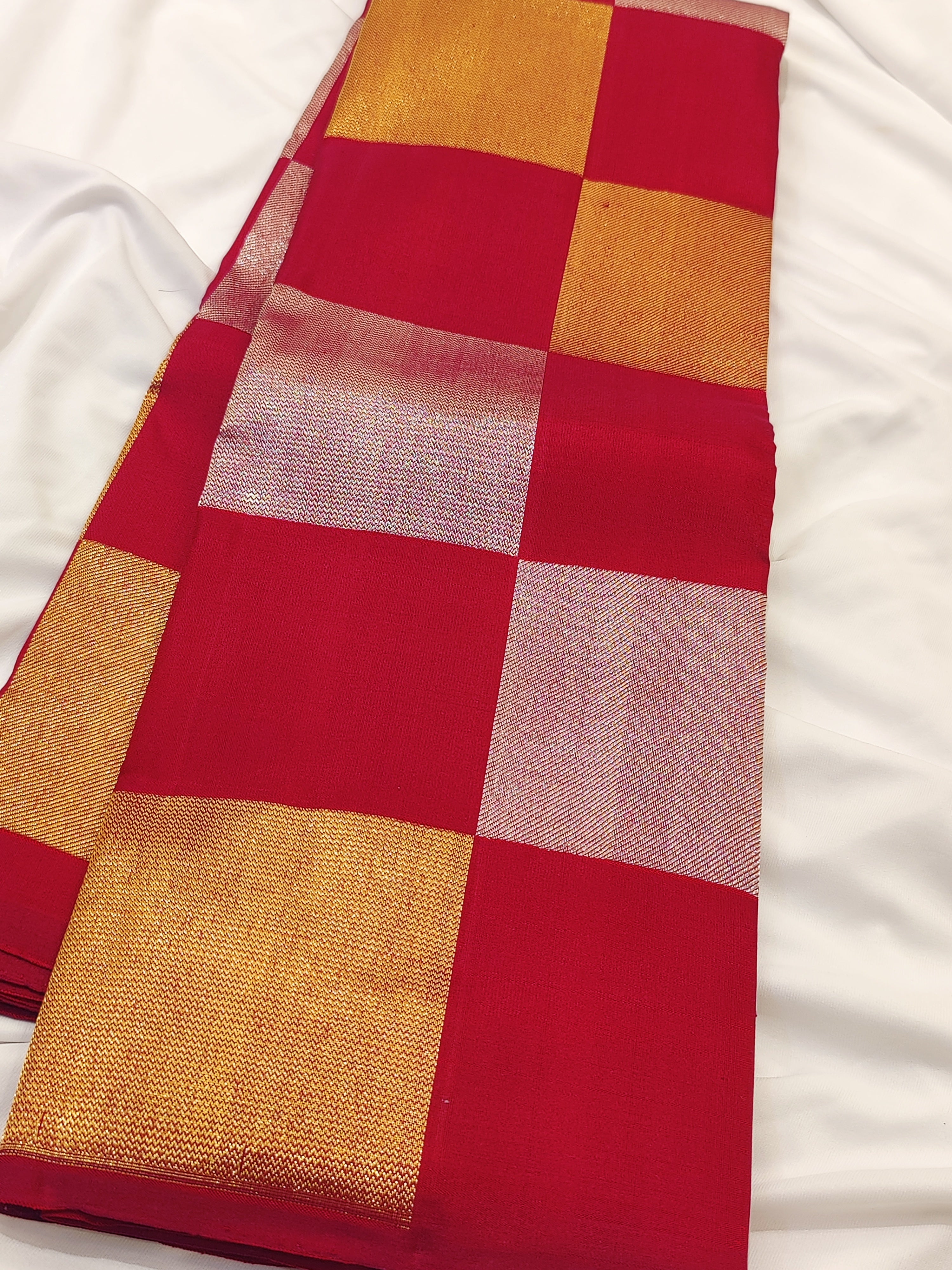 Dark Pink Kanjivaram Fancy Saree – Checks with Gold & Silver Work – Shop Online