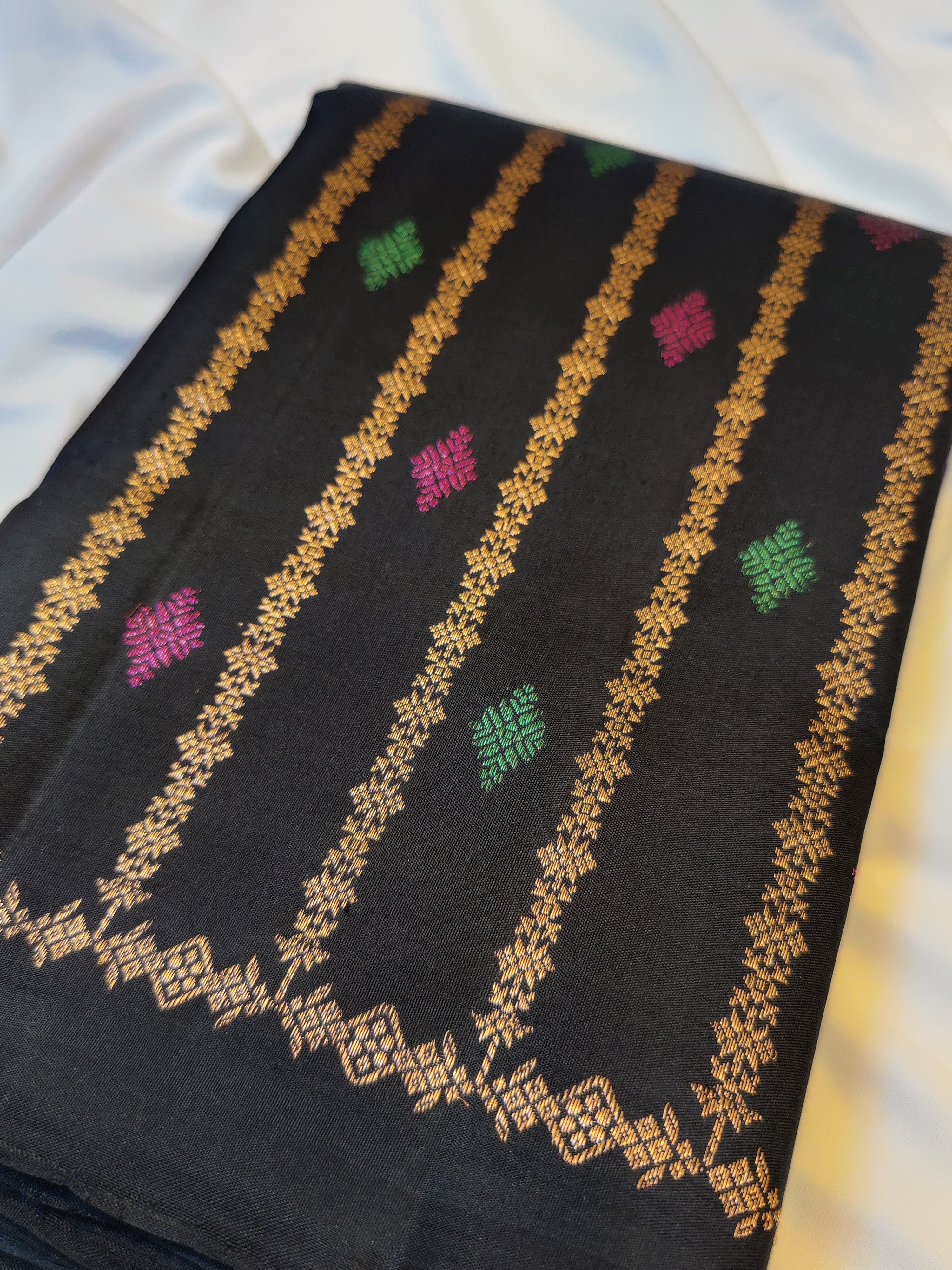 Black Kanjivaram Saree – Copper Zari with Pink & Green Butta – Shop Online