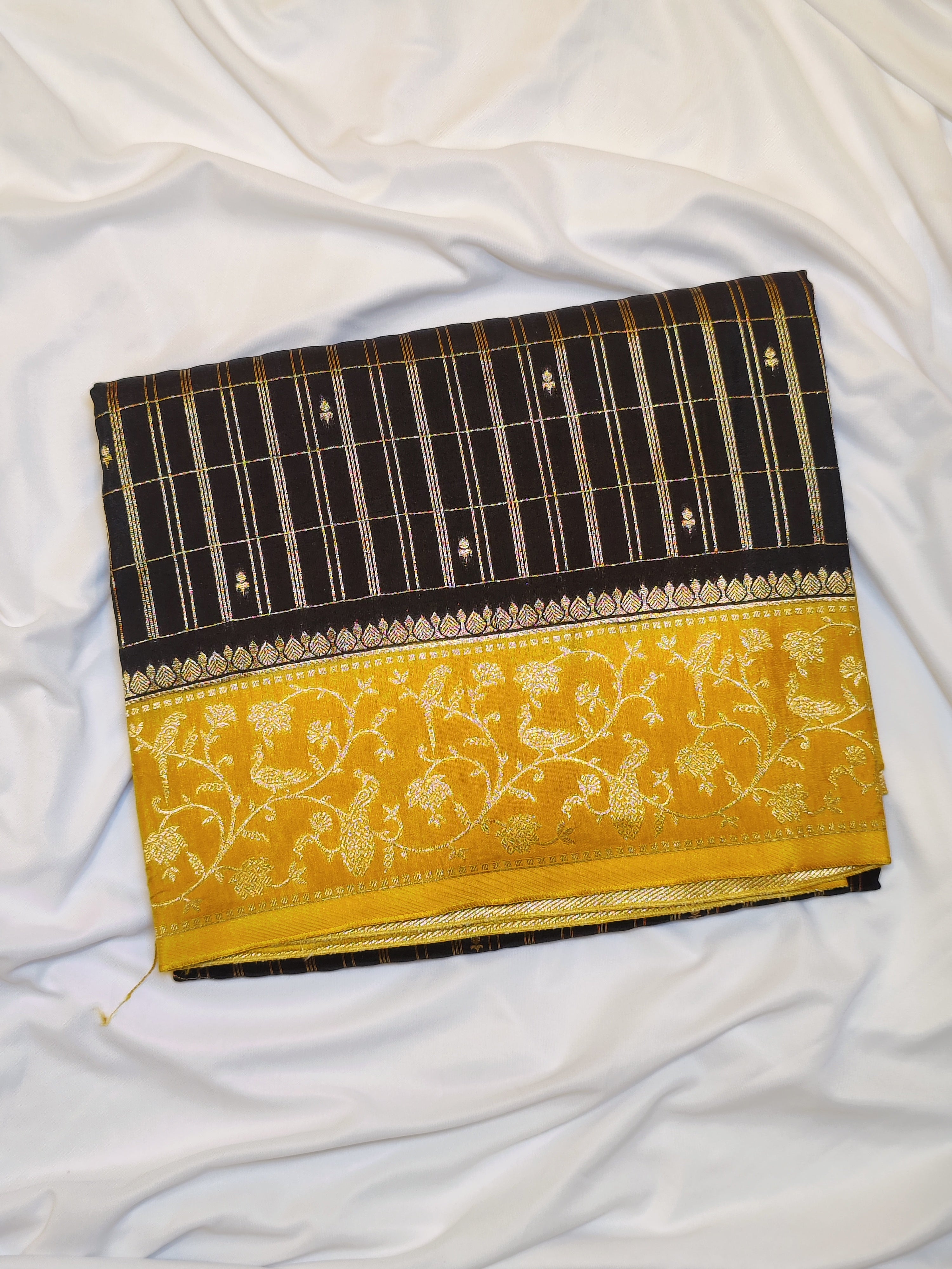 Black Georgette Saree – Yellow Border – Shop Online