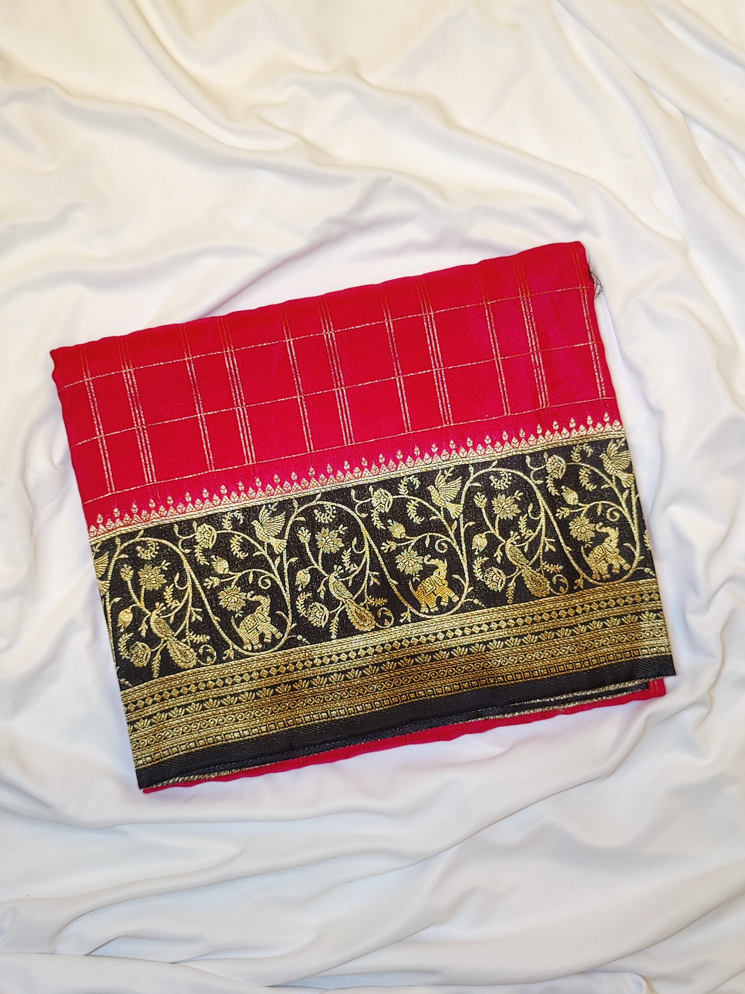 Pink Checked Georgette Saree – Black Fancy Border – Lightweight – Shop Online