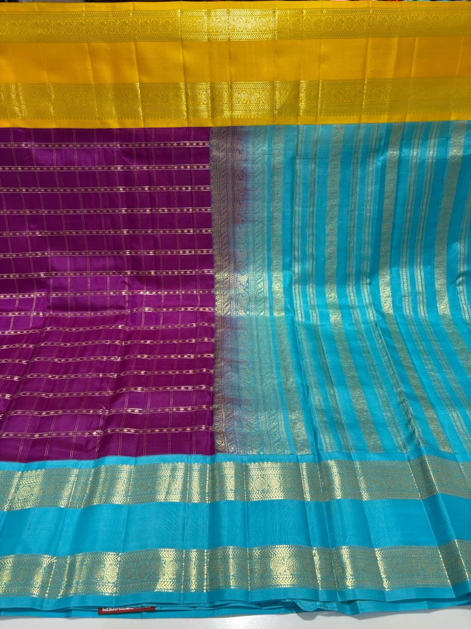 Purple Colour Ganga Jamuna Saree with Blue & Yellow Border