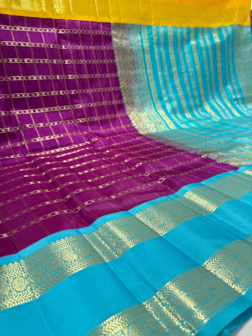 Purple Colour Ganga Jamuna Saree with Blue & Yellow Border