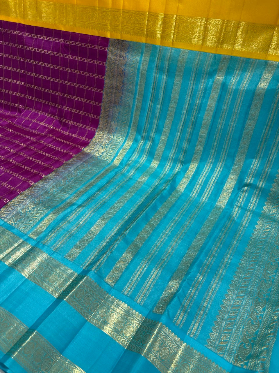 Purple Colour Ganga Jamuna Saree with Blue & Yellow Border