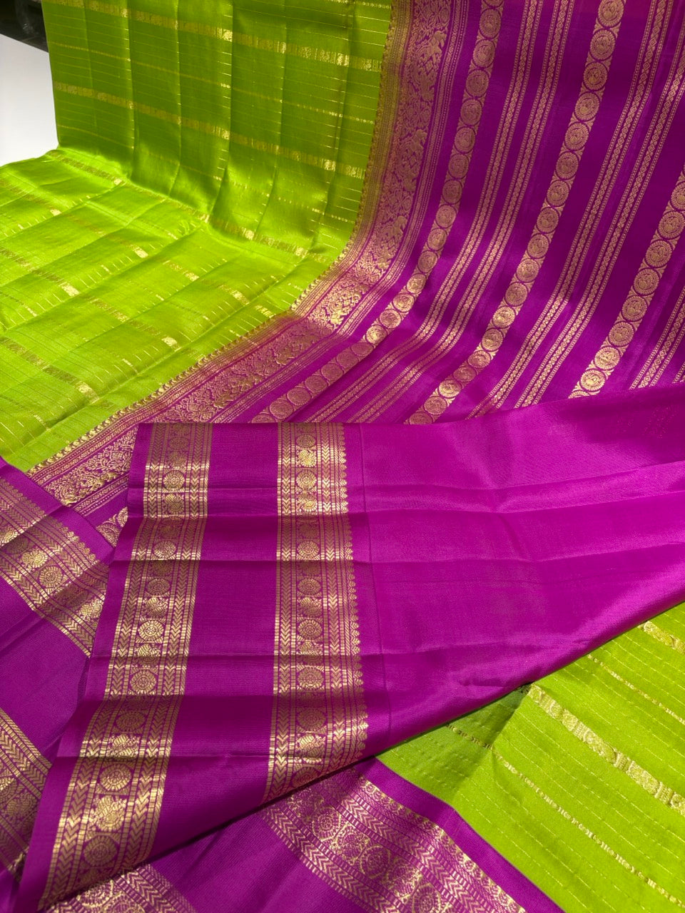 Leaf Green Colour Ganga Jamuna Saree with Lavender & Yellow Border