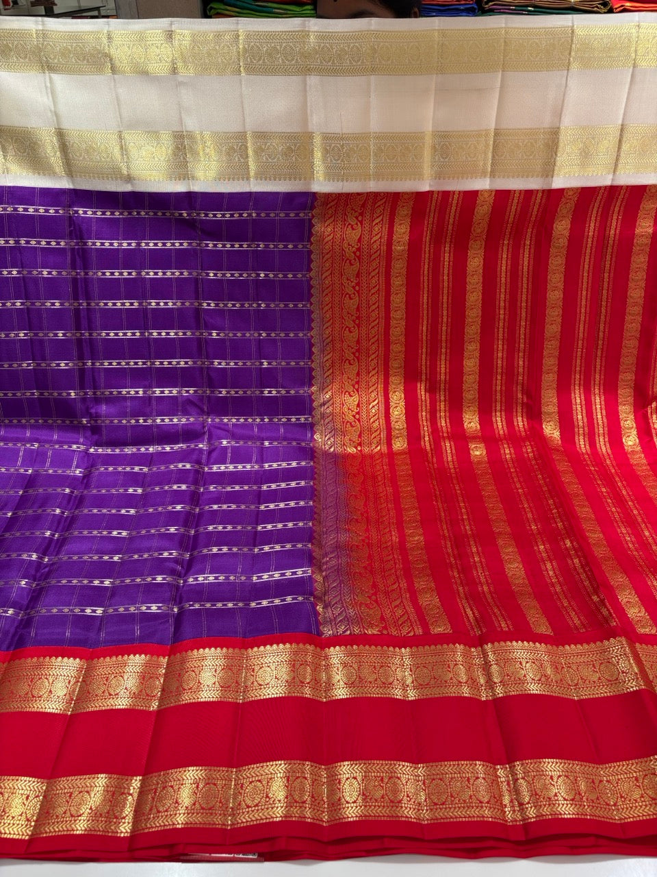 Royal Purple Colour Ganga Jamuna Saree with Red & White Border