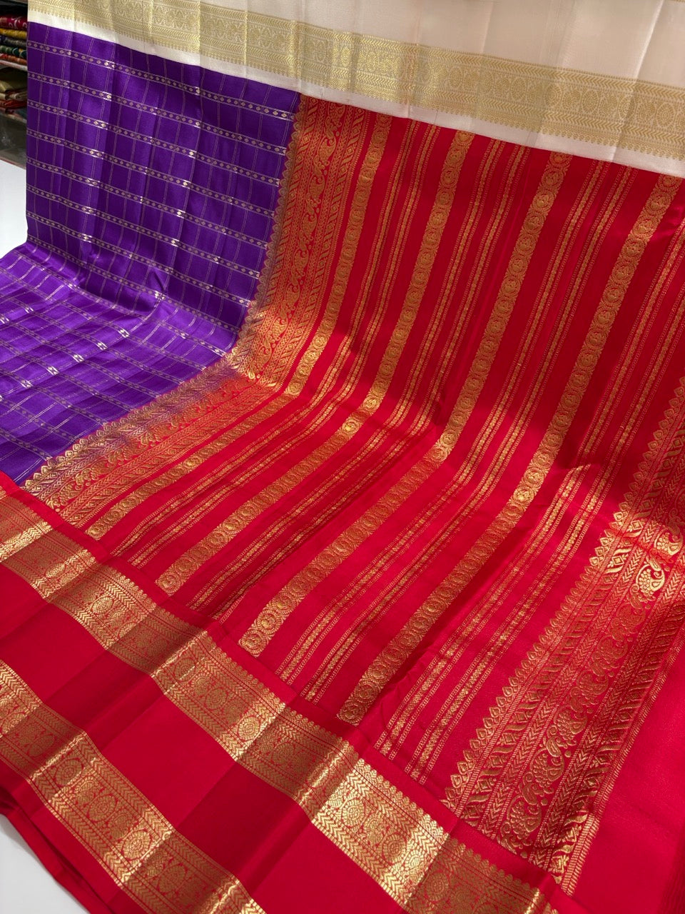 Royal Purple Colour Ganga Jamuna Saree with Red & White Border
