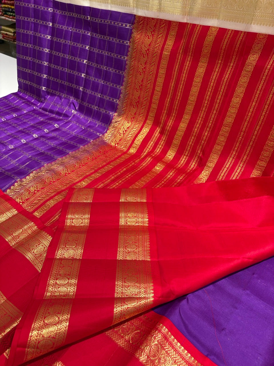 Royal Purple Colour Ganga Jamuna Saree with Red & White Border