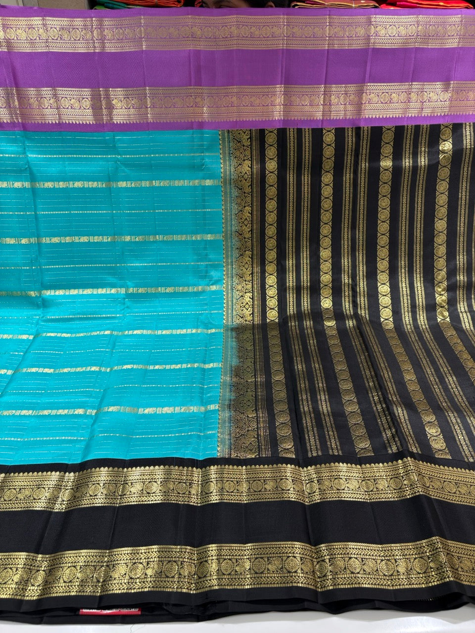 Sky Blue Colour Ganga Jamuna Saree with Black & Lavender Border