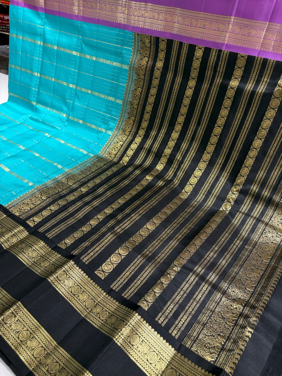 Sky Blue Colour Ganga Jamuna Saree with Black & Lavender Border