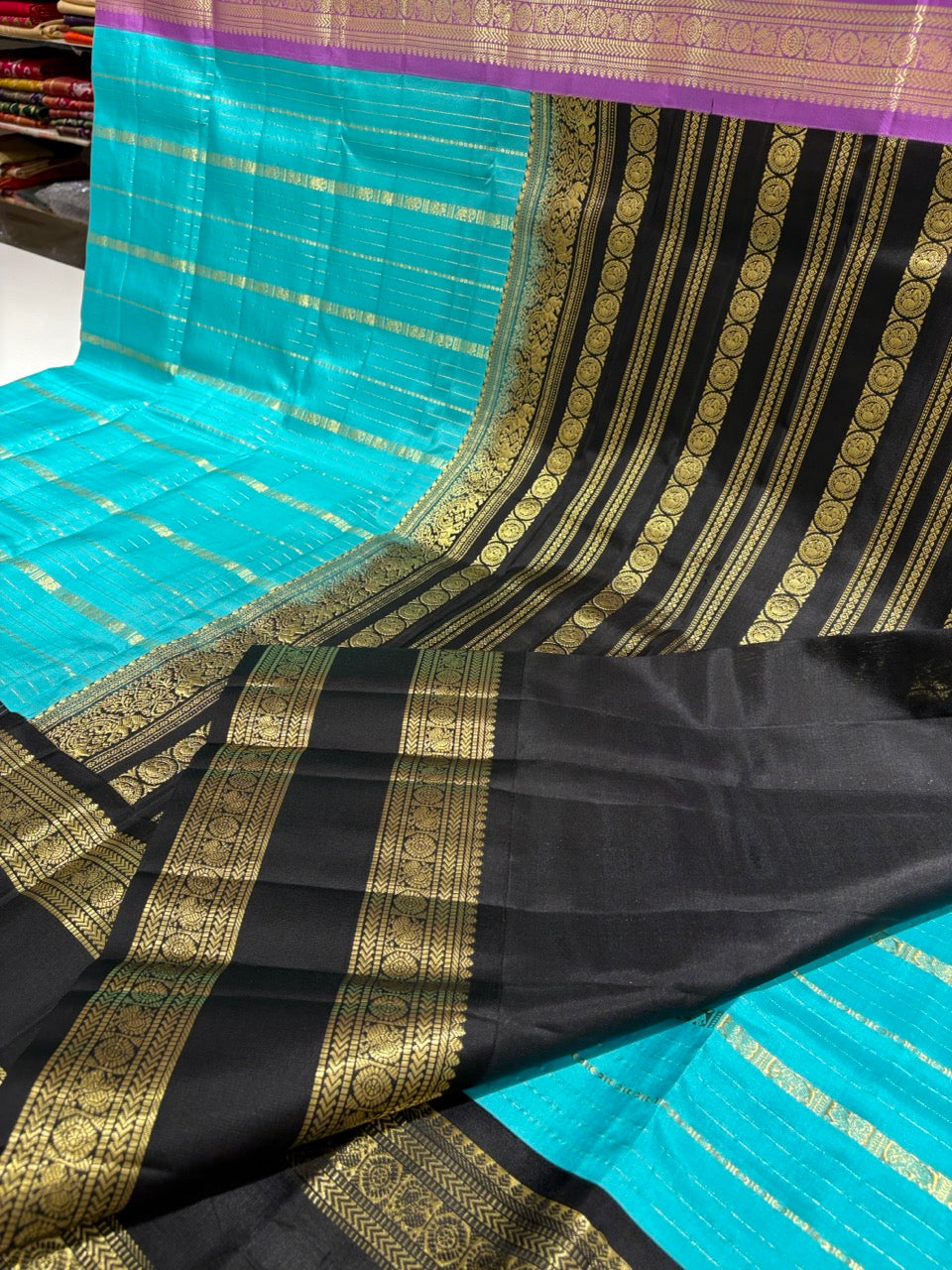 Sky Blue Colour Ganga Jamuna Saree with Black & Lavender Border