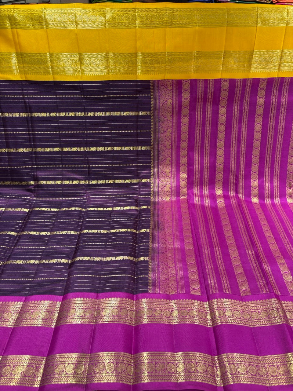 Navy Blue Colour Ganga Jamuna Saree with Lavender & Yellow Border