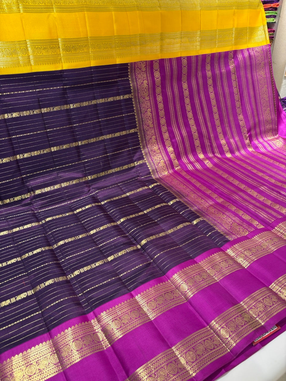 Navy Blue Colour Ganga Jamuna Saree with Lavender & Yellow Border