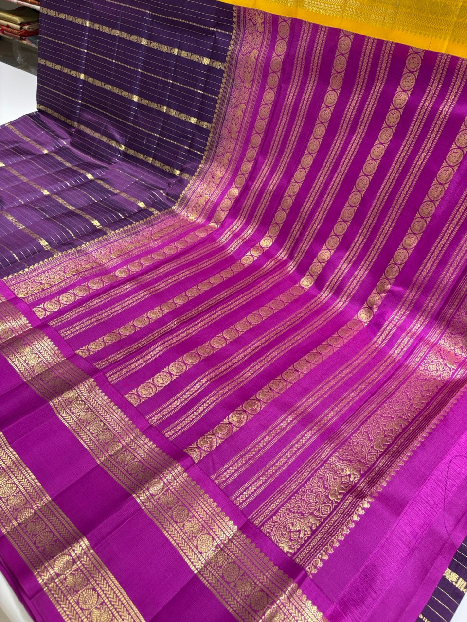 Navy Blue Colour Ganga Jamuna Saree with Lavender & Yellow Border