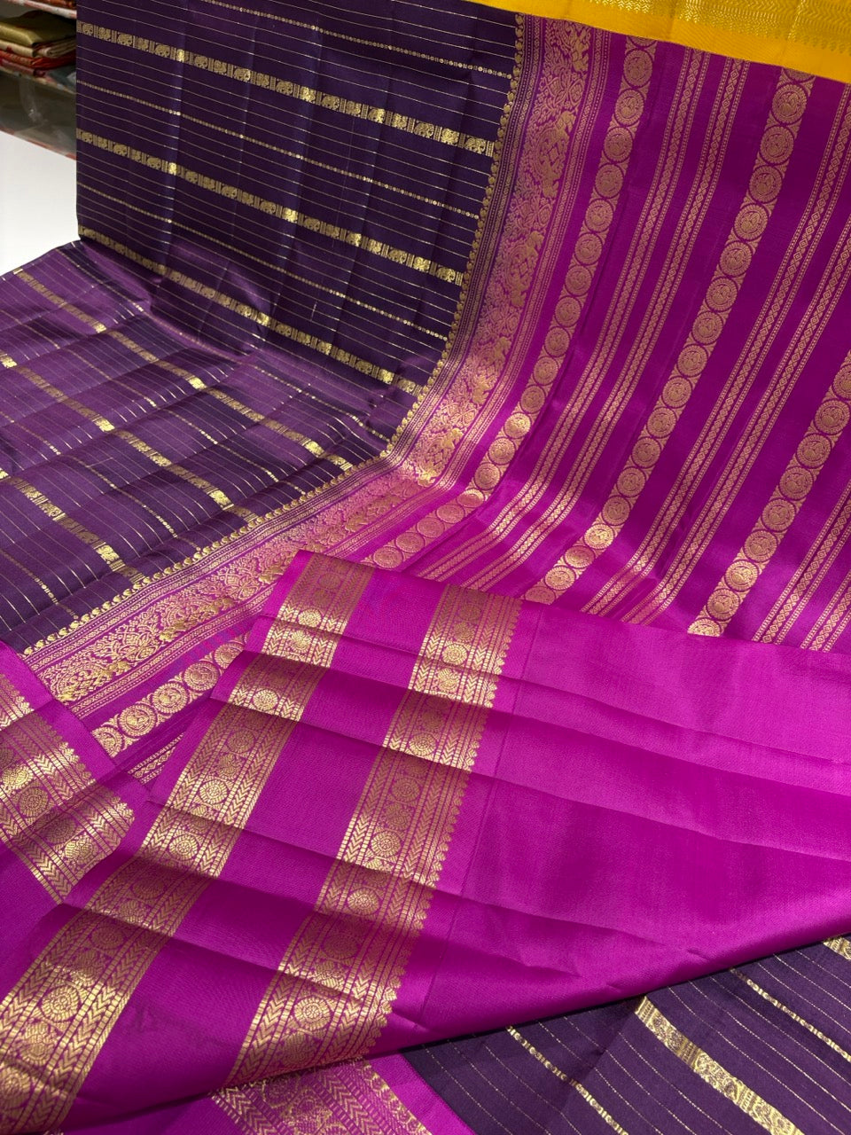 Navy Blue Colour Ganga Jamuna Saree with Lavender & Yellow Border