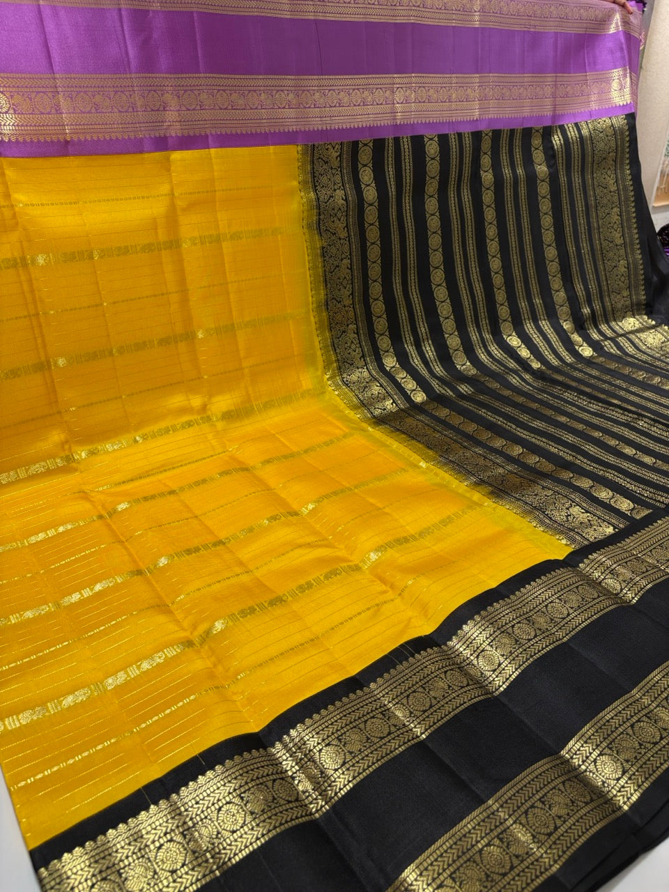 Yellow Colour Ganga Jamuna Saree with Black & Lavender Border