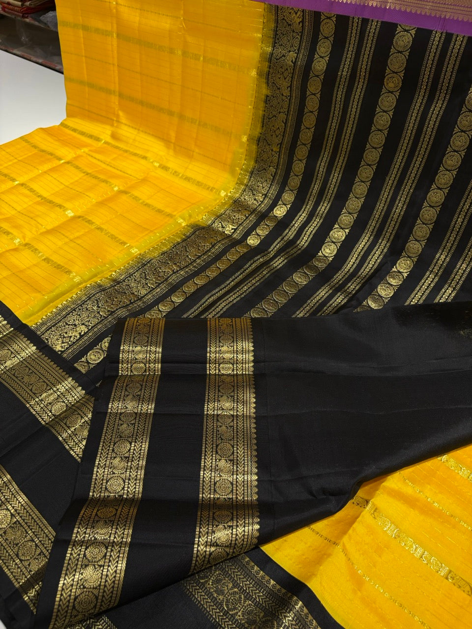 Yellow Colour Ganga Jamuna Saree with Black & Lavender Border