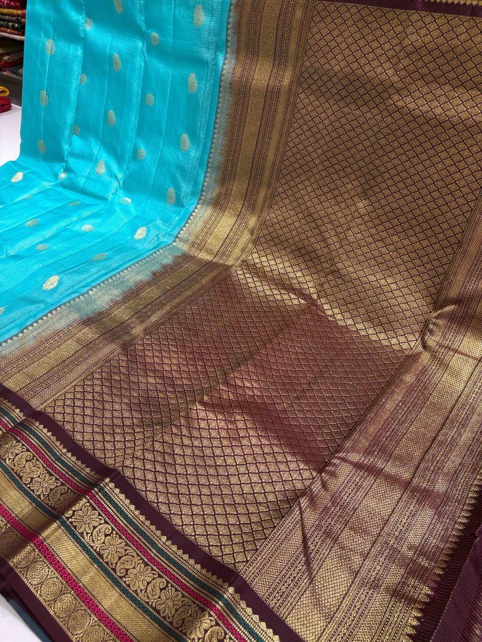 Baby Blue Colour Saree with Brown Vintage Border