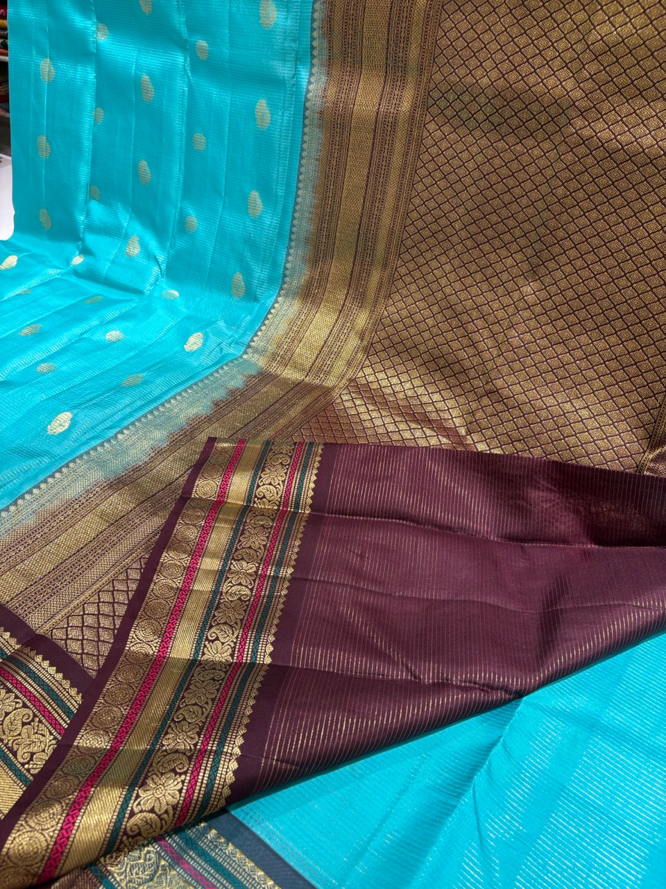 Baby Blue Colour Saree with Brown Vintage Border