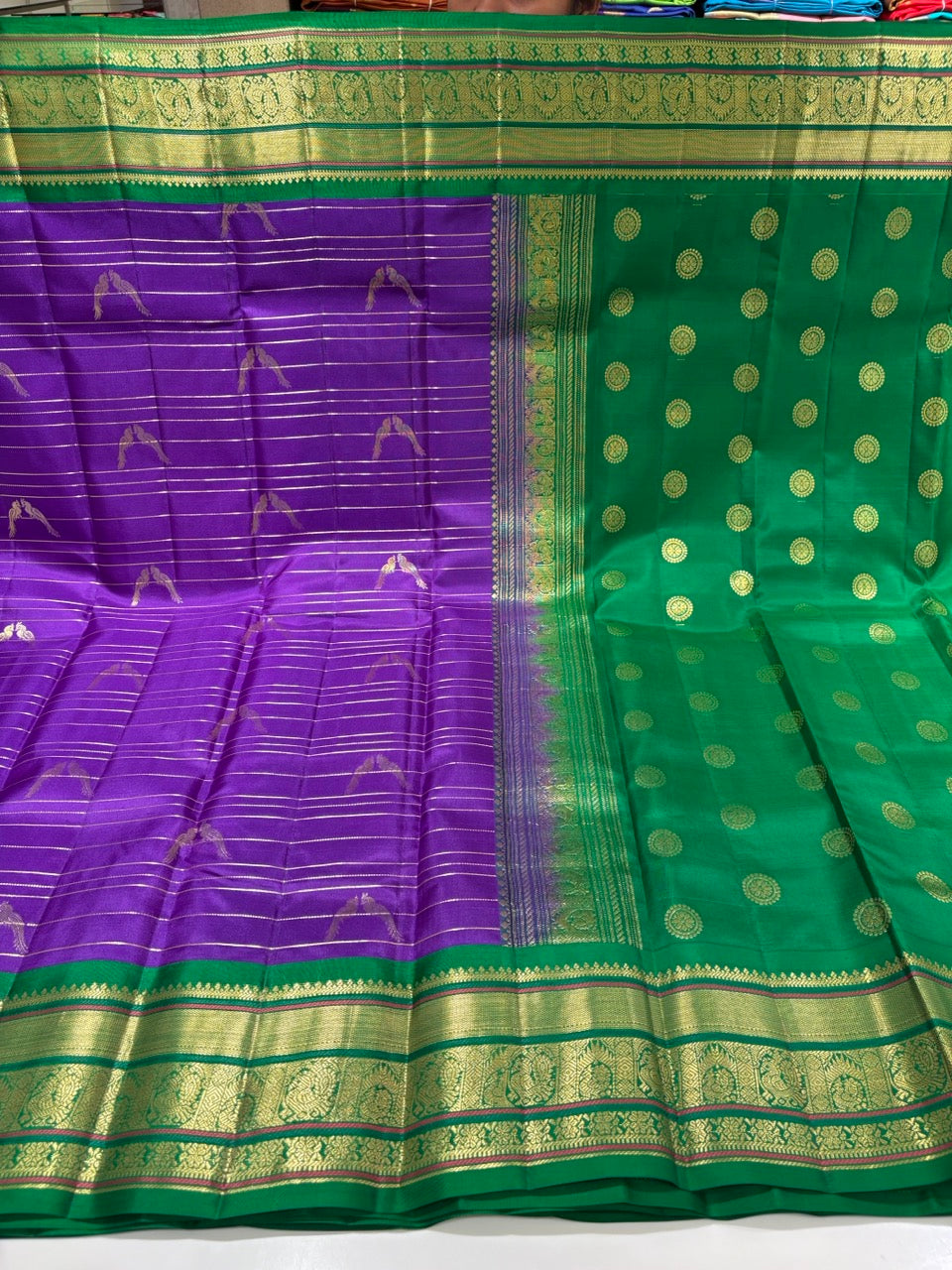 Violet Colour Saree with Green Traditional Border
