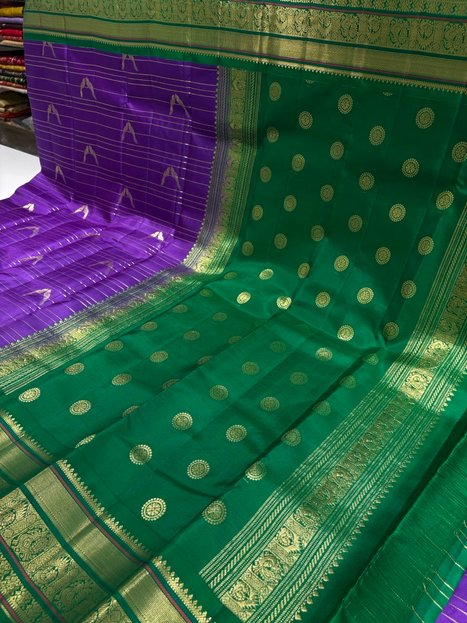 Violet Colour Saree with Green Traditional Border
