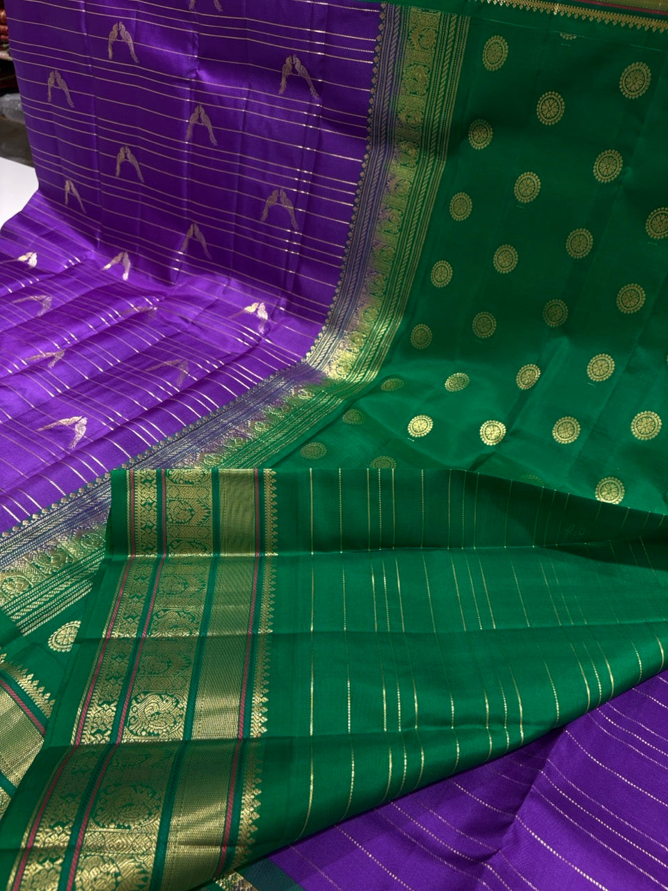 Violet Colour Saree with Green Traditional Border