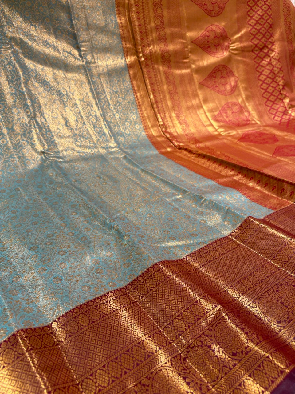 Aqua Blue Colour Semi Tissue Silk Saree with Maroon Border