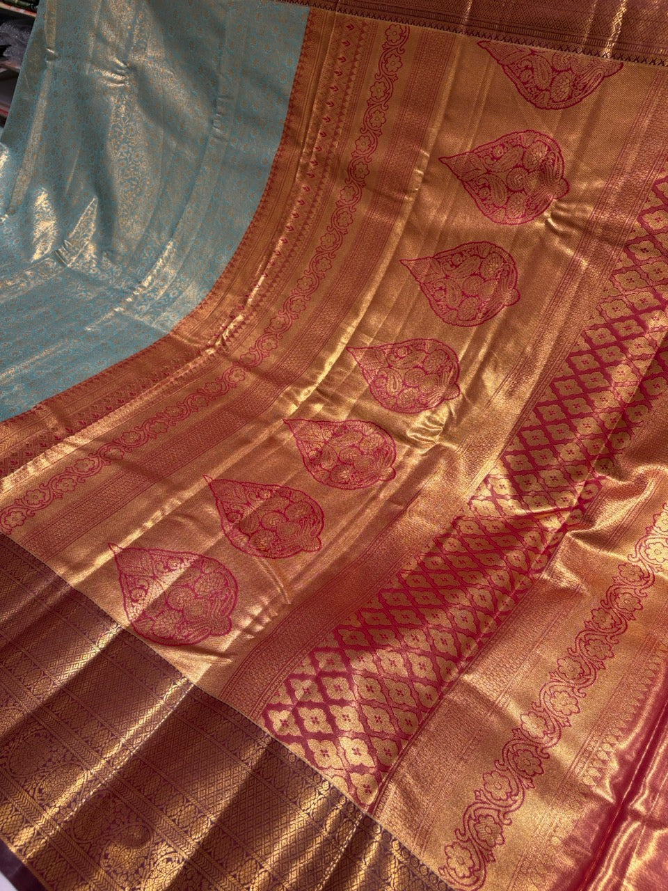 Aqua Blue Colour Semi Tissue Silk Saree with Maroon Border