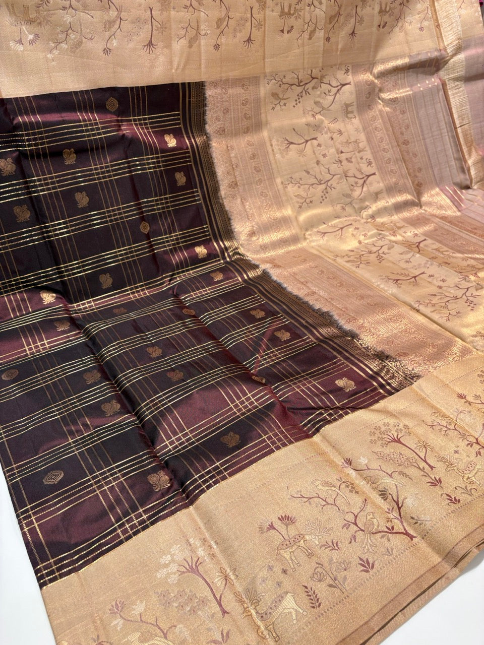 Luxurious Chocolate Brown Colour Pure Kanchipuram Silk Saree with Cream Fancy Border