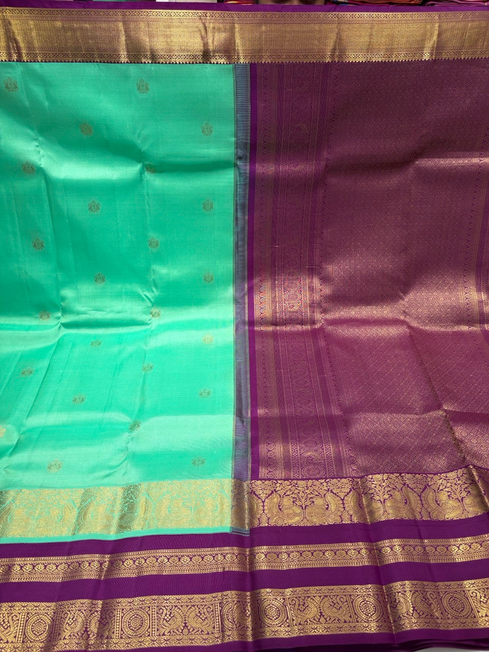 Pista Green Colour Saree with Purple Border Pure Kanchipuram Silk Saree