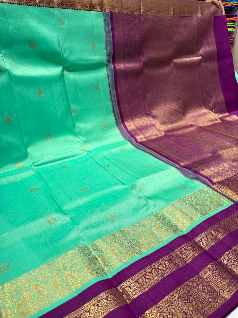 Pista Green Colour Saree with Purple Border Pure Kanchipuram Silk Saree