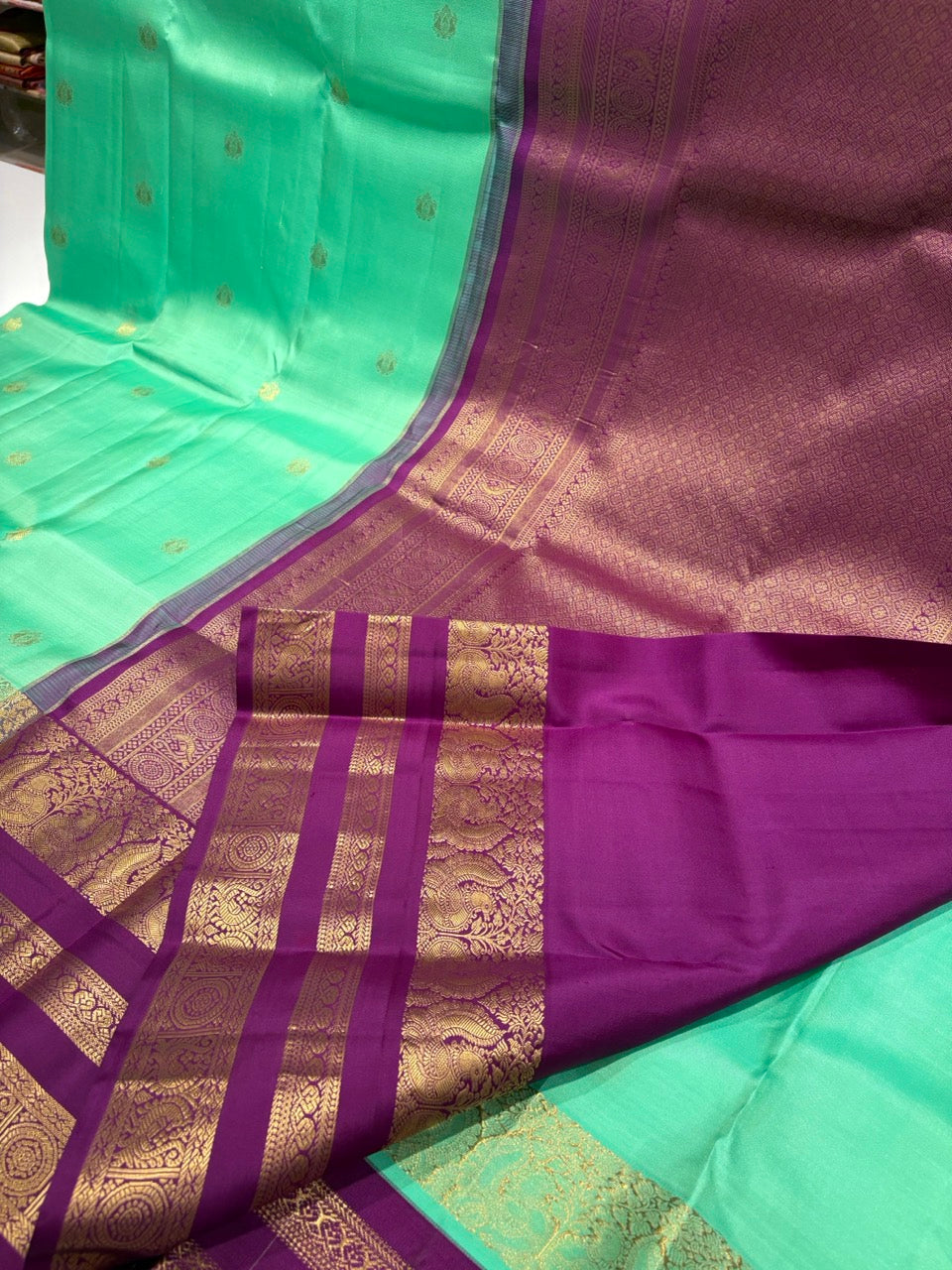 Pista Green Colour Saree with Purple Border Pure Kanchipuram Silk Saree